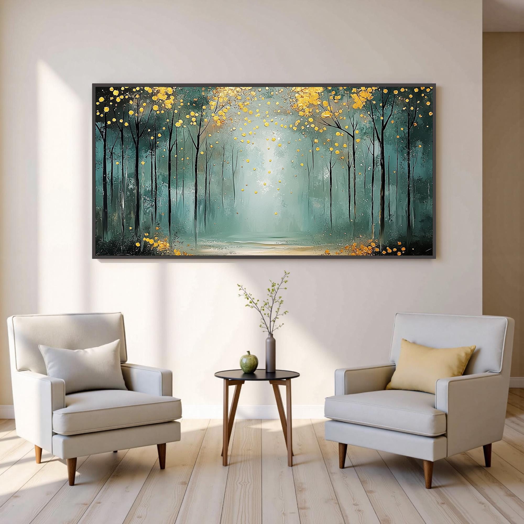 Golden Glow Forest – Abstract Tree Wall Art with Teal and Yellow Accents for Bedroom or Living Room