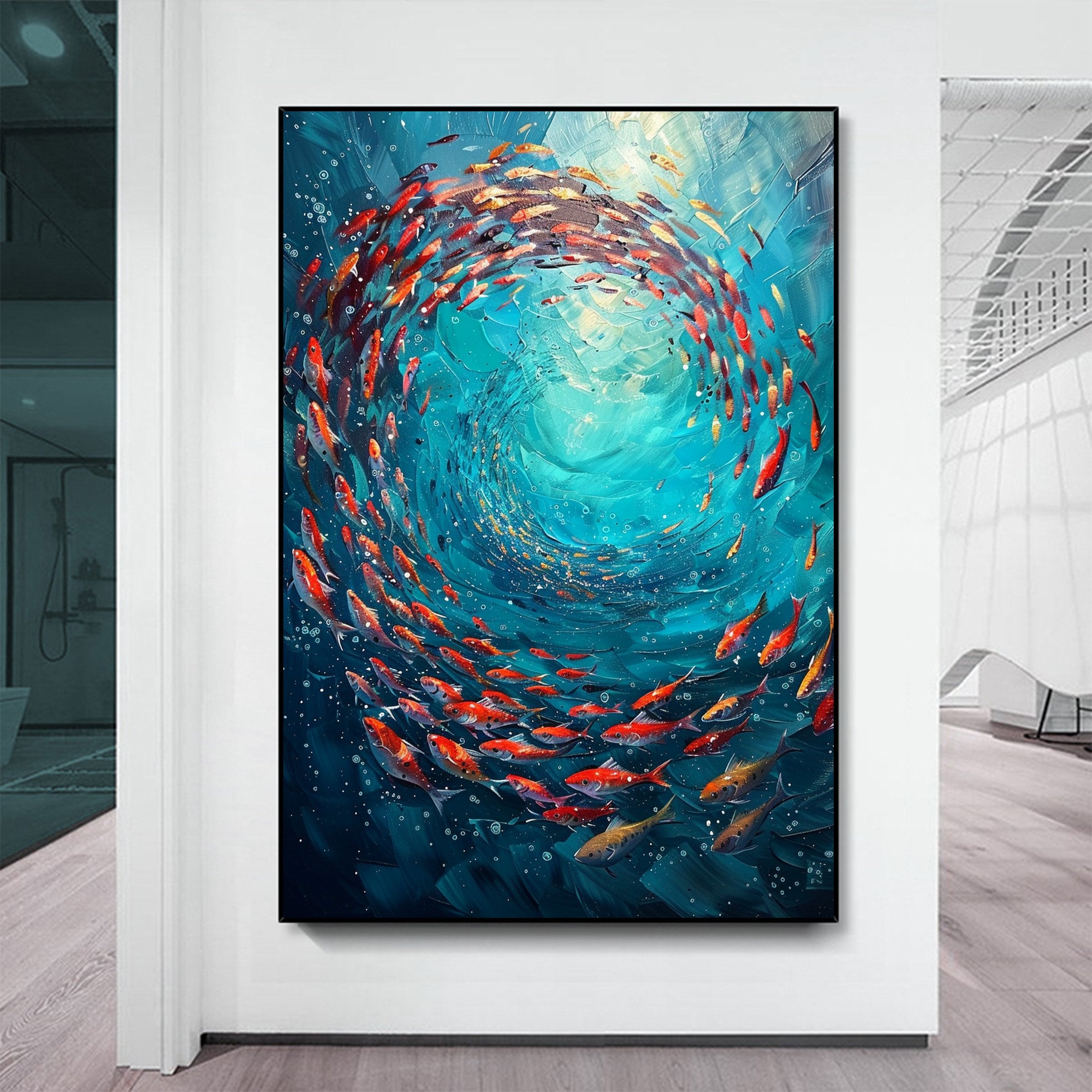 Swirling Tide – 3D Textured Fish in Blue Water Oil Painting