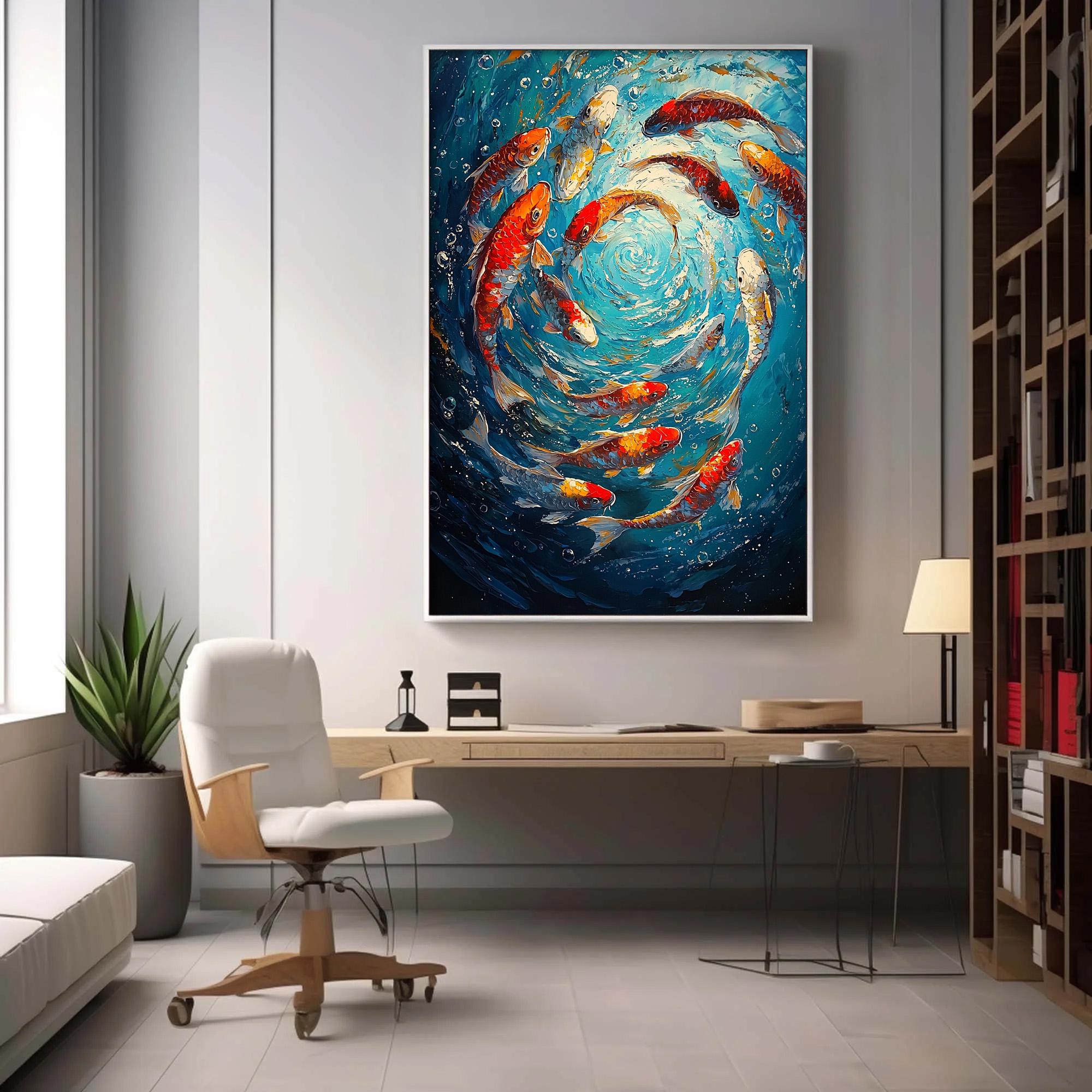 Whirlpool of Koi – 3D Textured Fish Oil Painting for Living Room or Office Decor