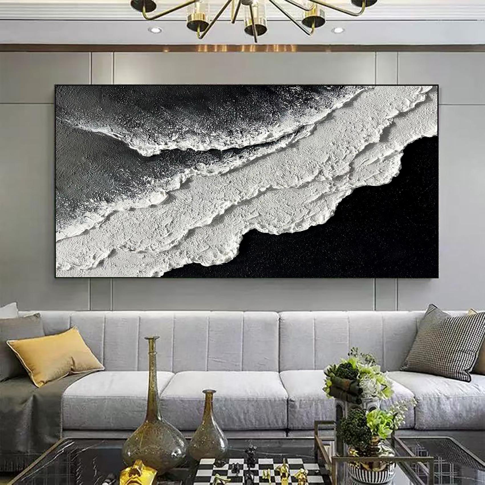 Monochrome Tide — Black and White Textured Seascape Oil Painting, Modern Abstract Wall Art