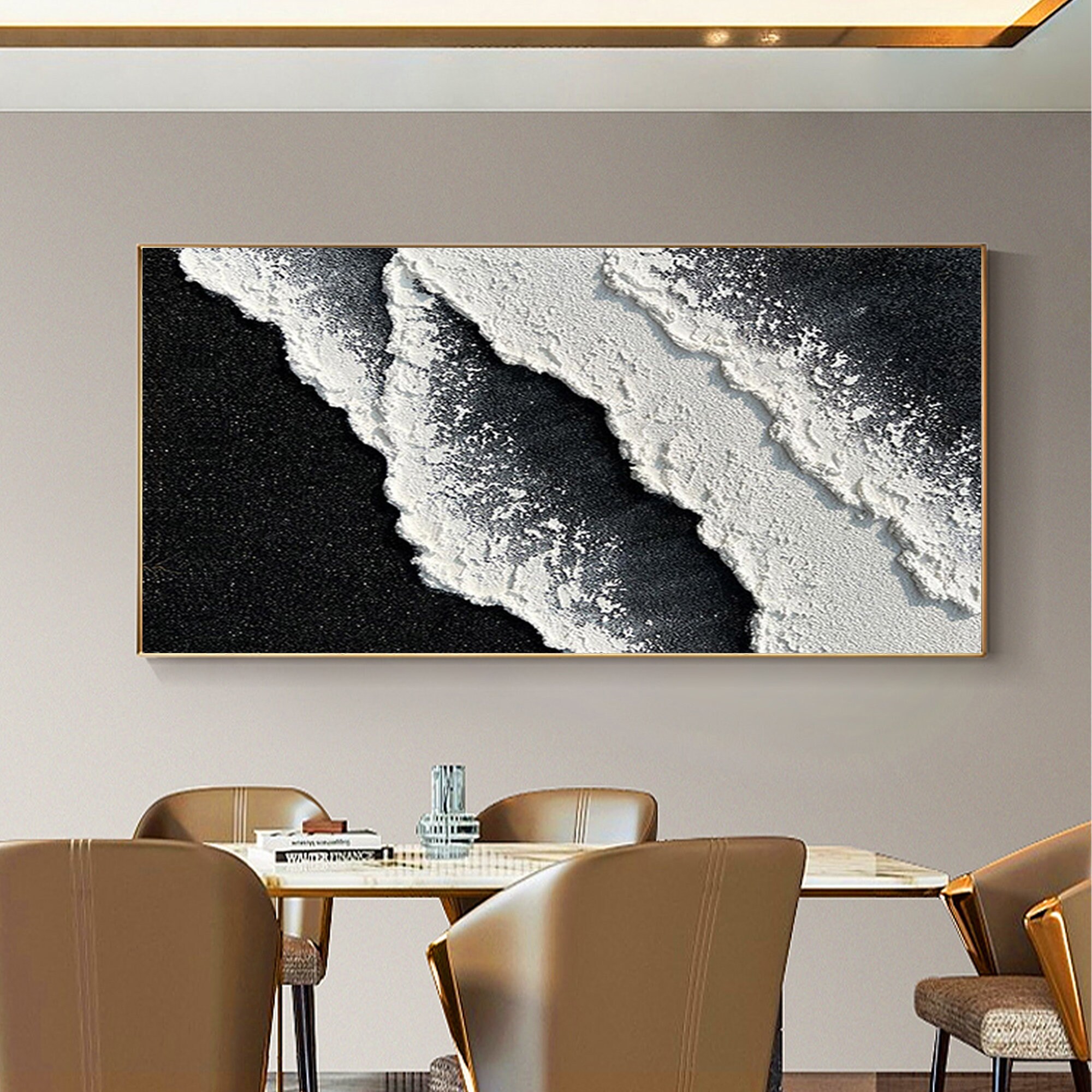 Diagonal Tide — Black and White Textured Wave Oil Painting, Abstract Coastal Wall Art