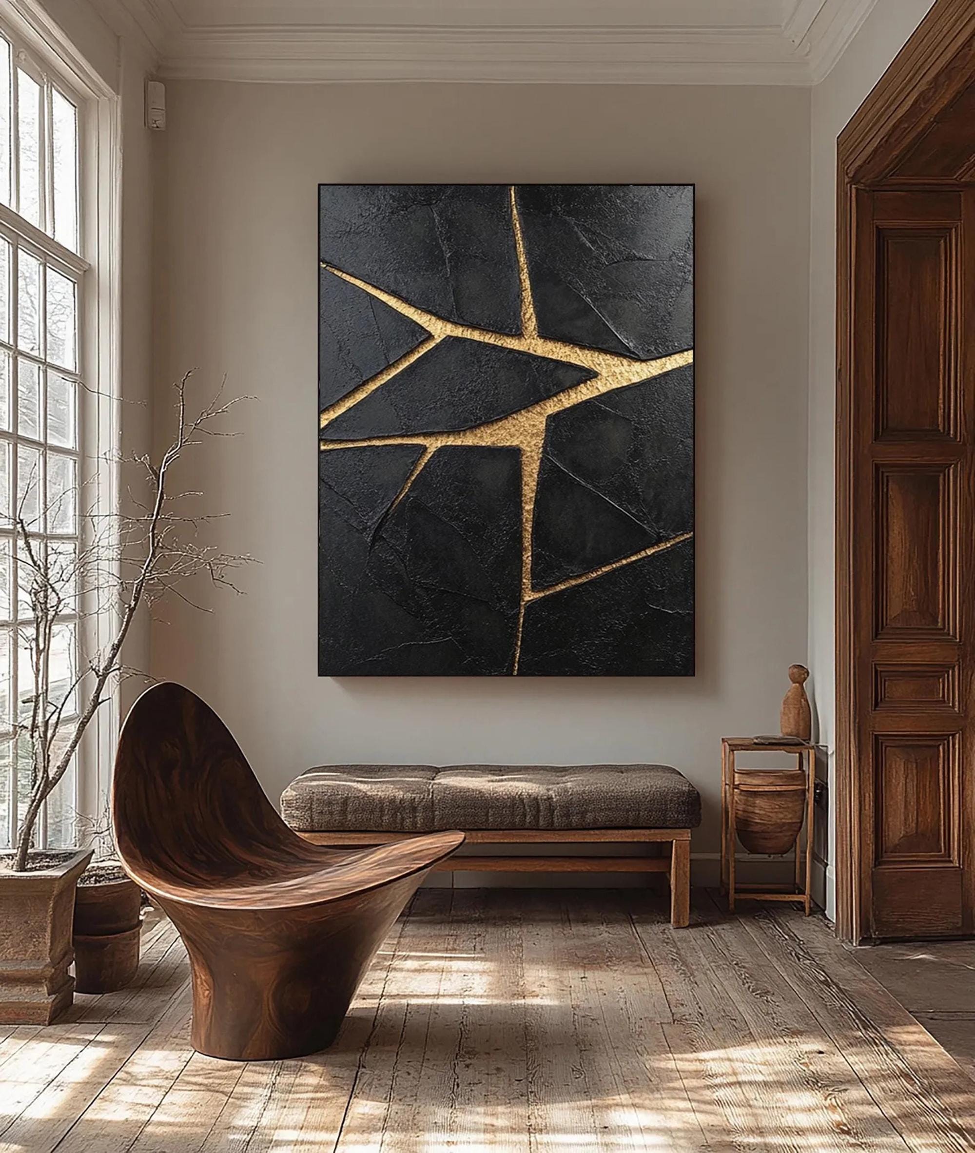 Fractured Gold - Black and Gold Textured Abstract Art