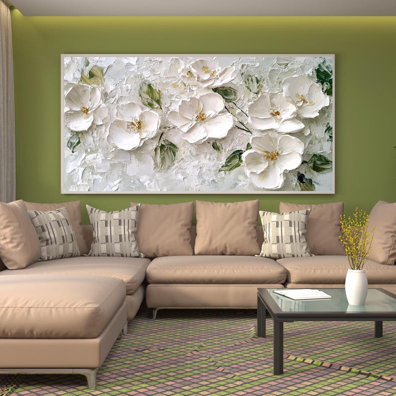 Textured White Floral Oil Painting - 3D Flower Wall Art for Dining Room