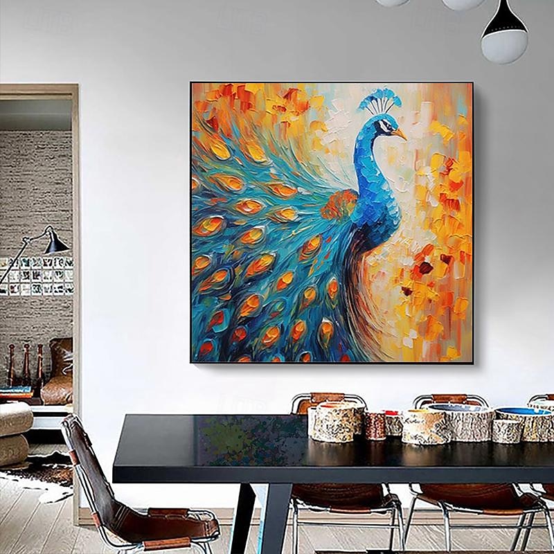 Golden Bloom – Large Textured Blue Peacock Canvas Wall Art