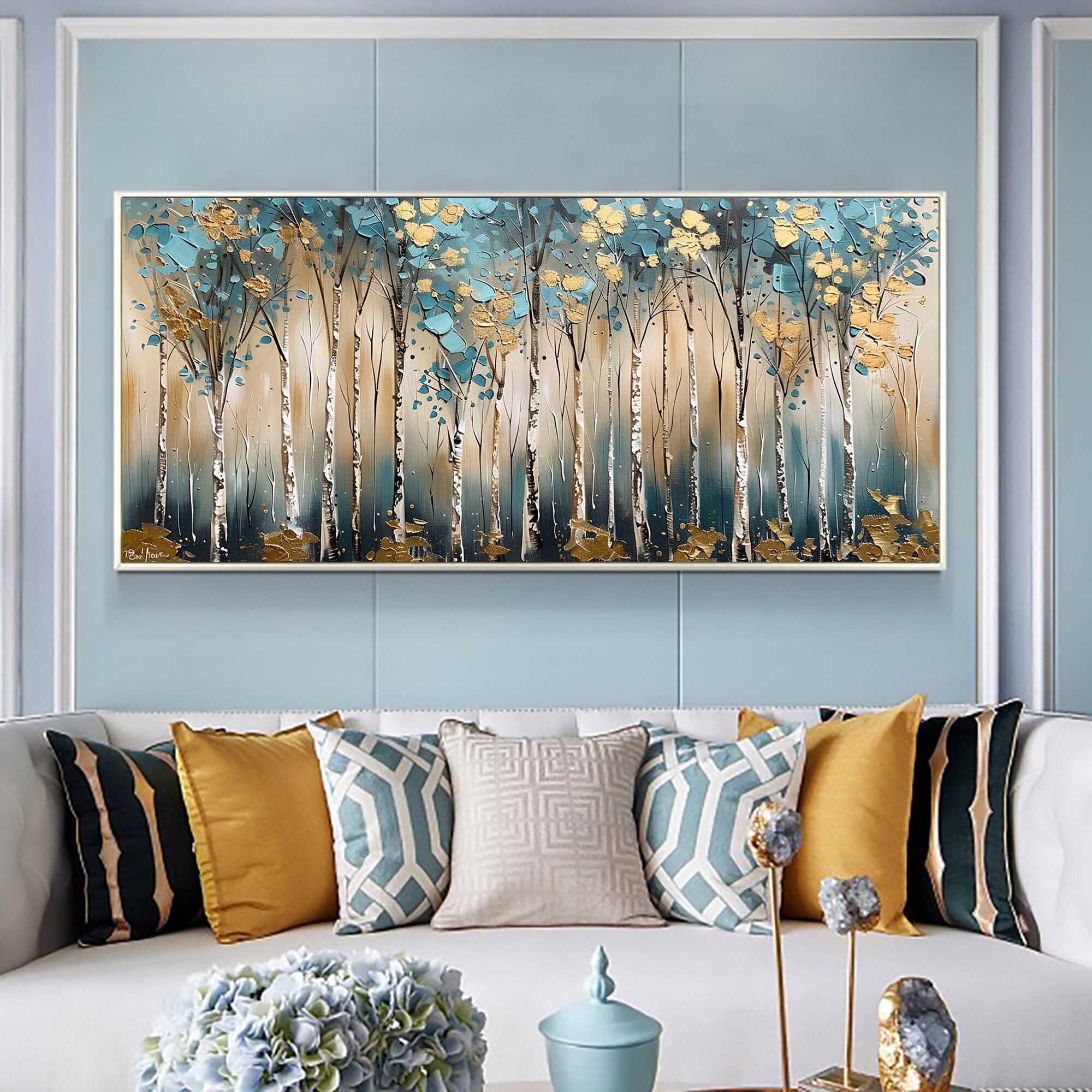 Golden Forest – 3D Textured Tree Wall Art in Teal and Gold Tones for Modern Living Room Décor
