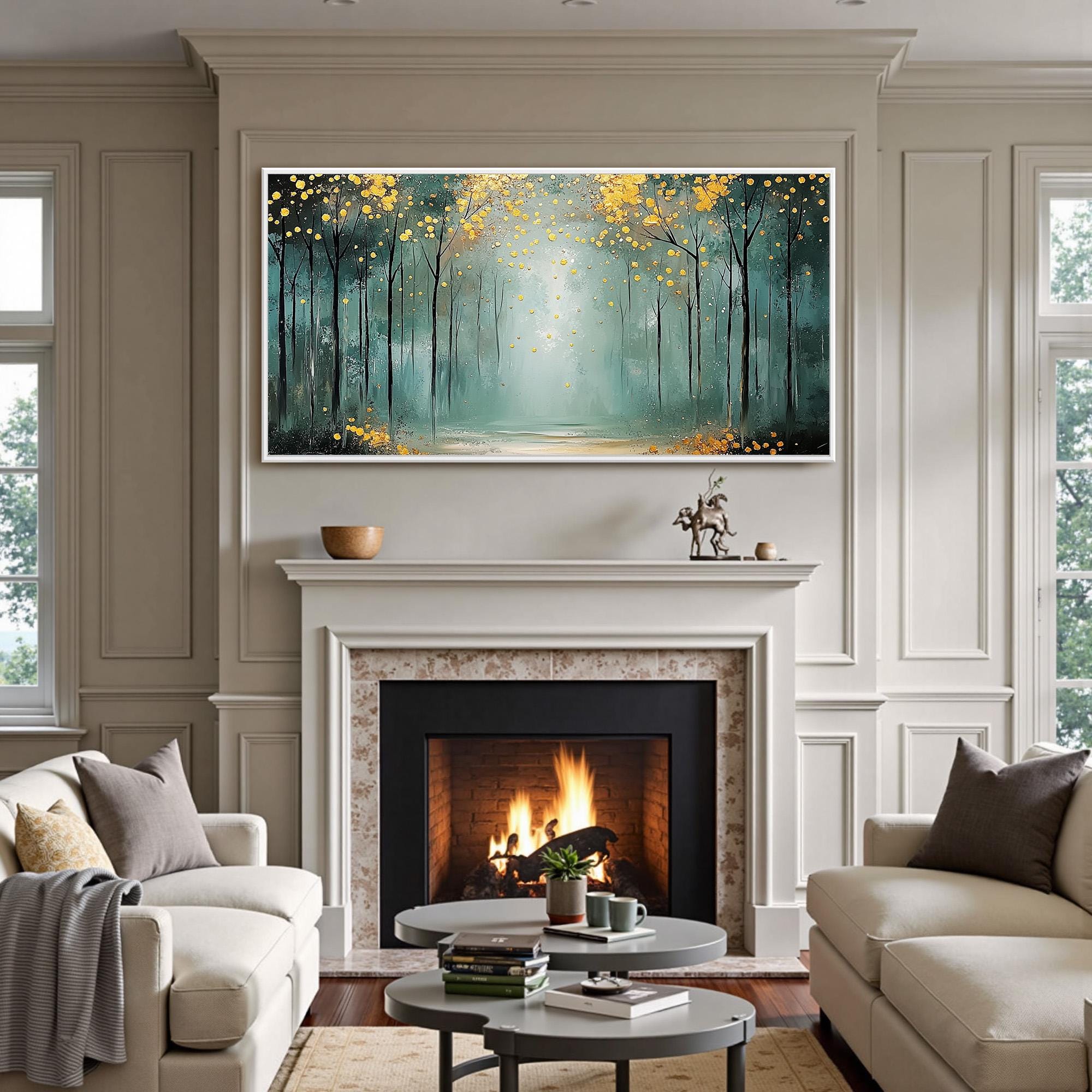 Golden Glow Forest – Abstract Tree Wall Art with Teal and Yellow Accents for Bedroom or Living Room