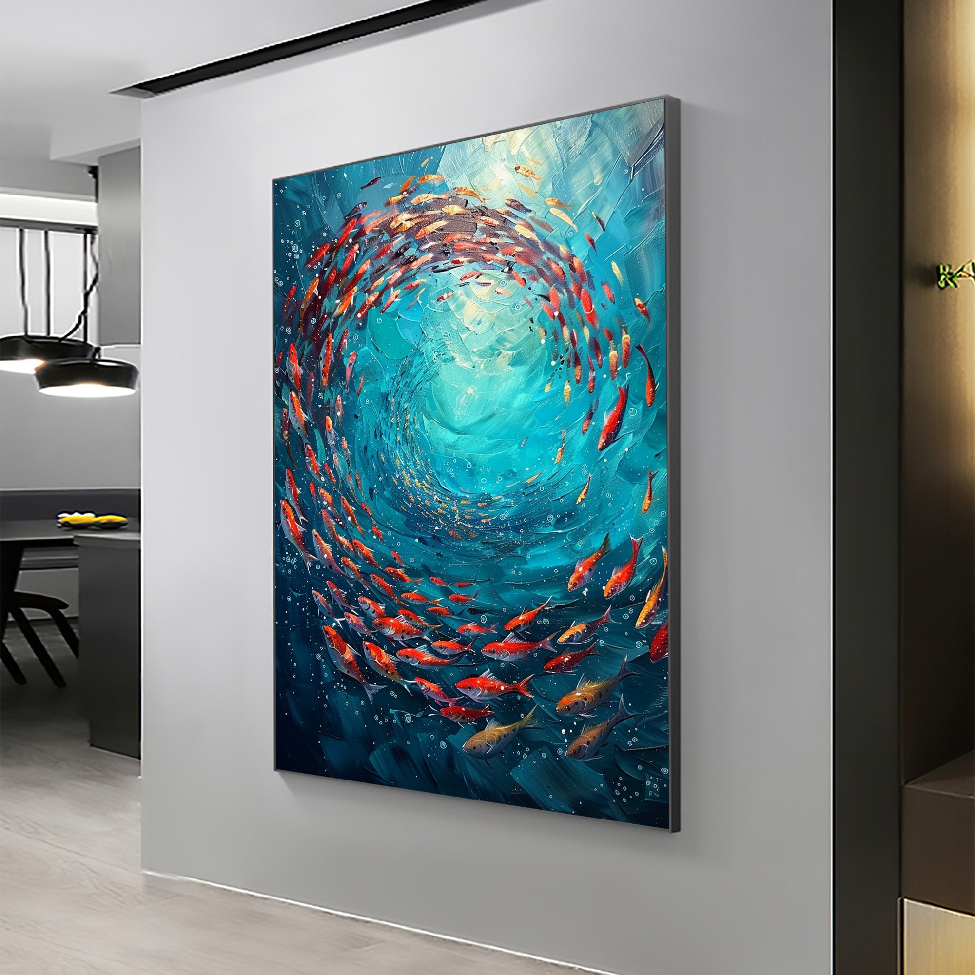Swirling Tide – 3D Textured Fish in Blue Water Oil Painting