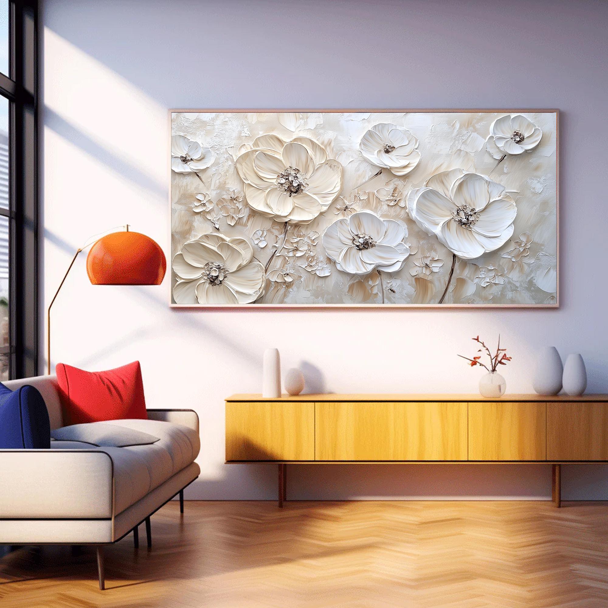Timeless Petals – Large Textured White Floral Oil Painting