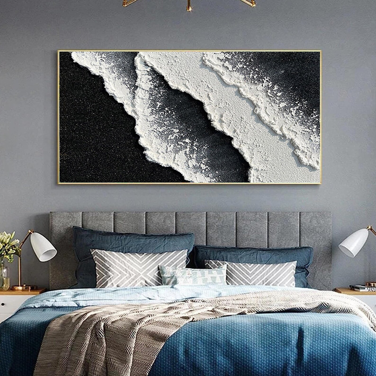 Diagonal Tide — Black and White Textured Wave Oil Painting, Abstract Coastal Wall Art
