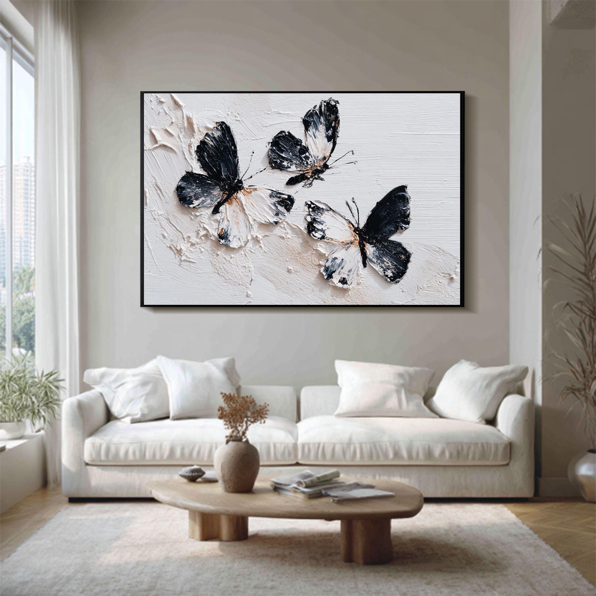 Flutter Trio — Black and White Textured Butterfly Oil Painting, Minimalist Modern Wall Art