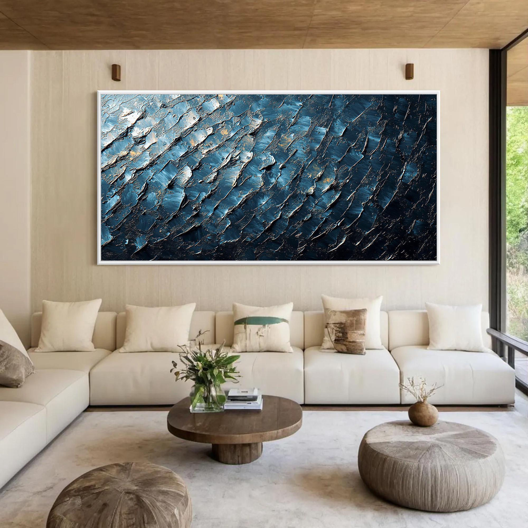 Midnight Tide – Textured Blue and Gold Abstract Oil Painting