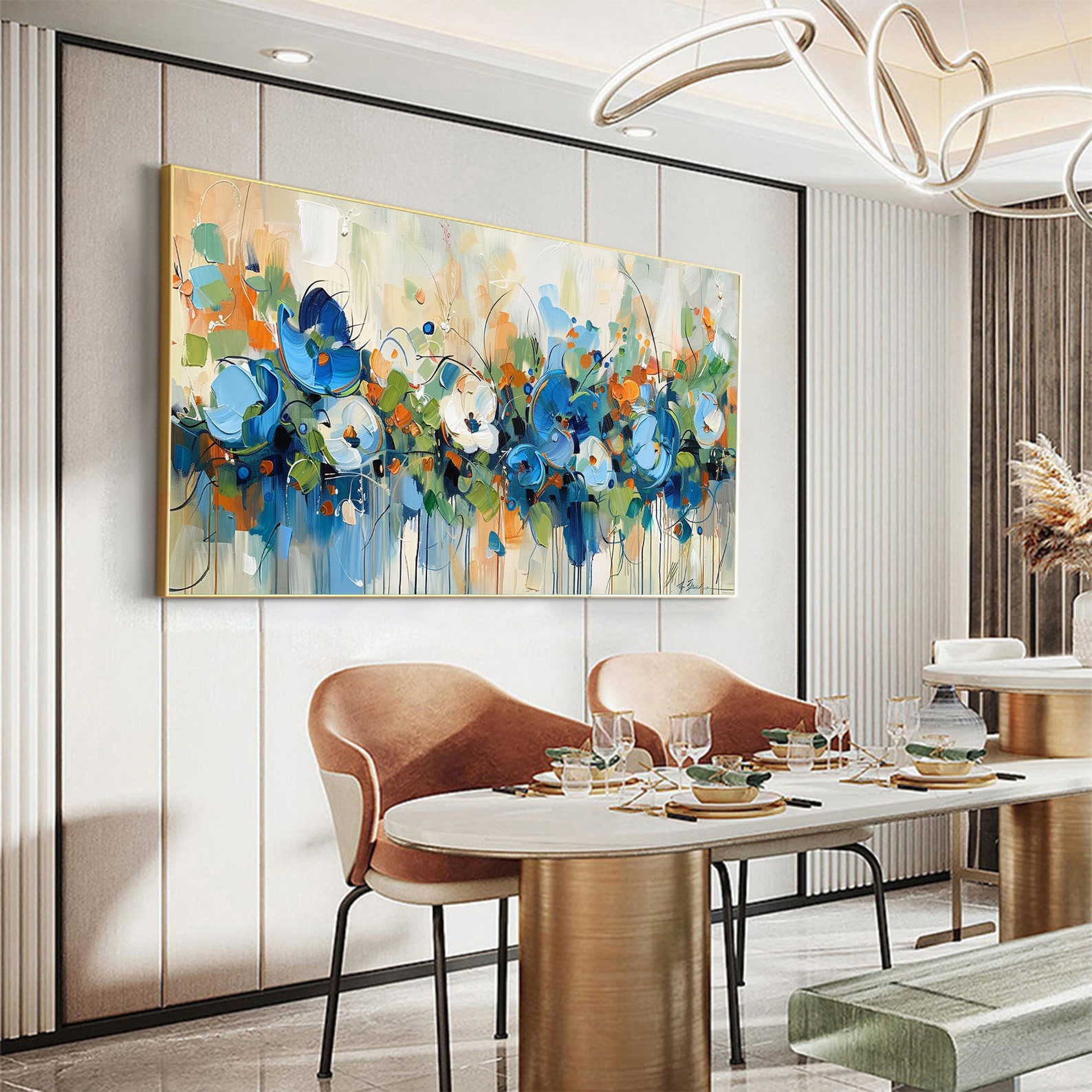 Blooming Riot - Colorful Abstract Floral Painting Blue Green Orange Wall Art on Canvas