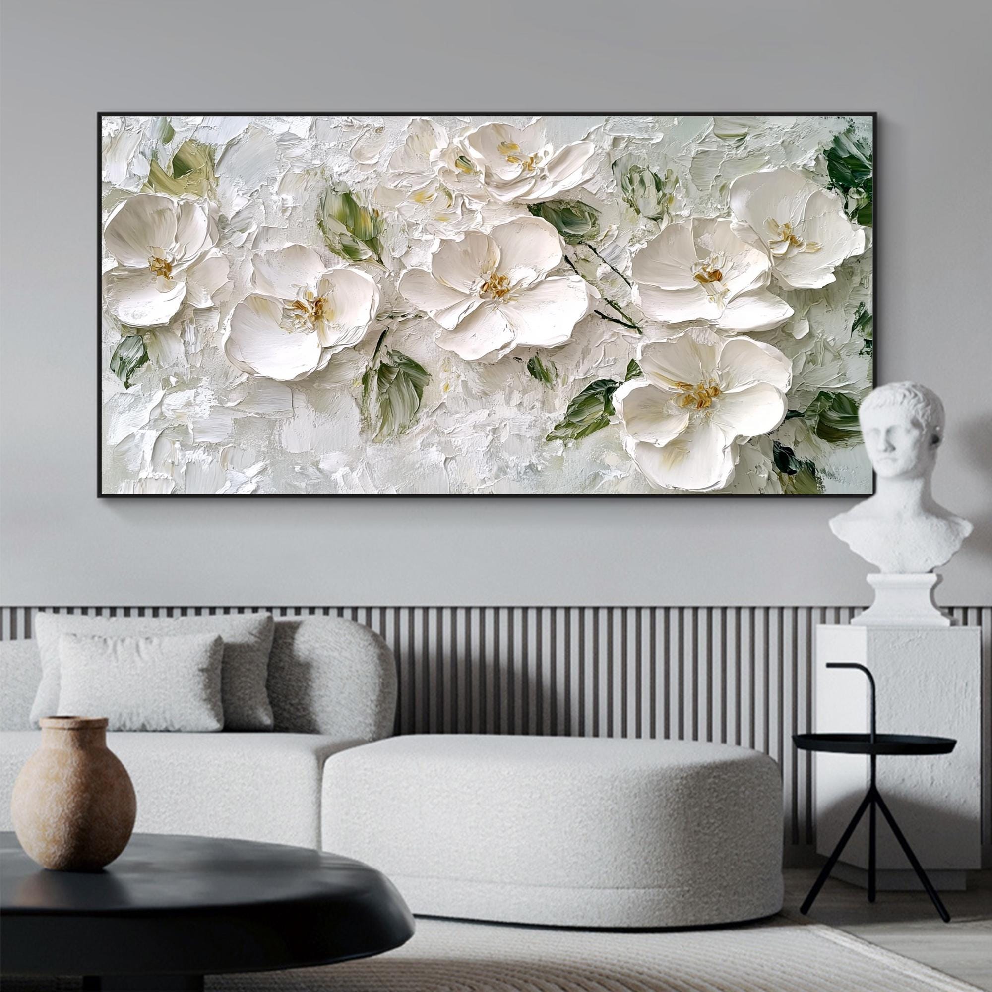 Textured White Floral Oil Painting - 3D Flower Wall Art for Dining Room