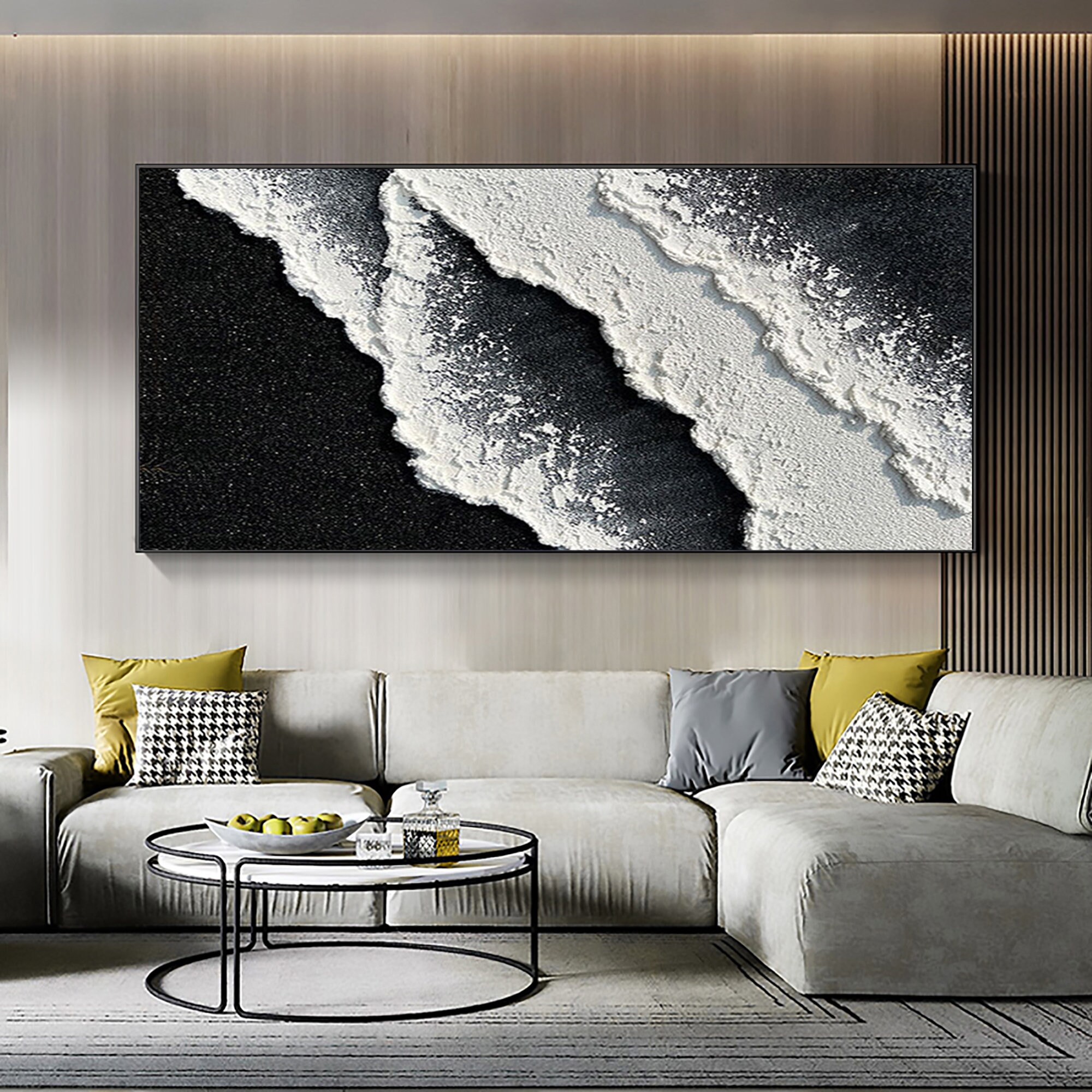 Diagonal Tide — Black and White Textured Wave Oil Painting, Abstract Coastal Wall Art