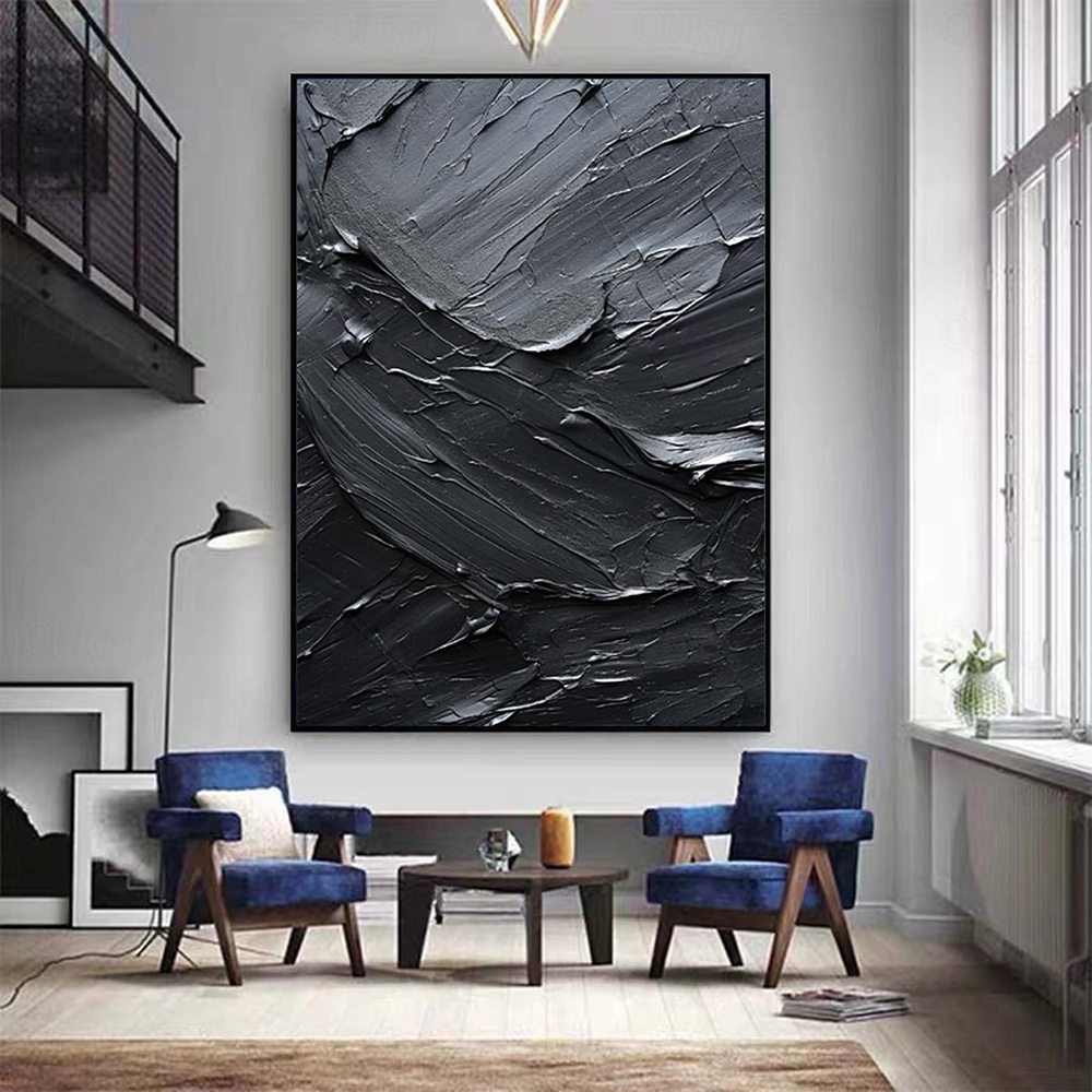 Obsidian Waves – Textured Black Abstract Oil Painting