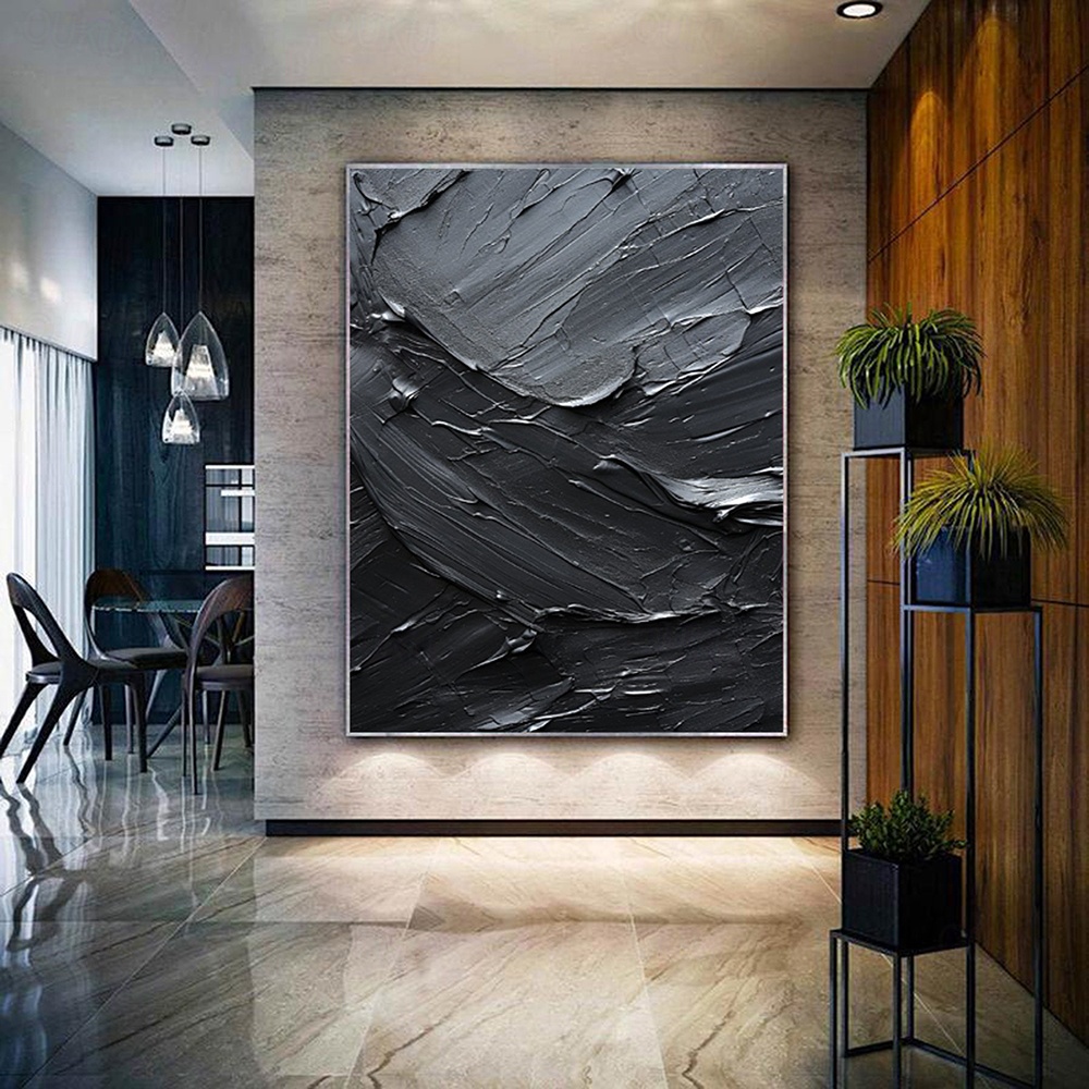 Obsidian Waves – Textured Black Abstract Oil Painting