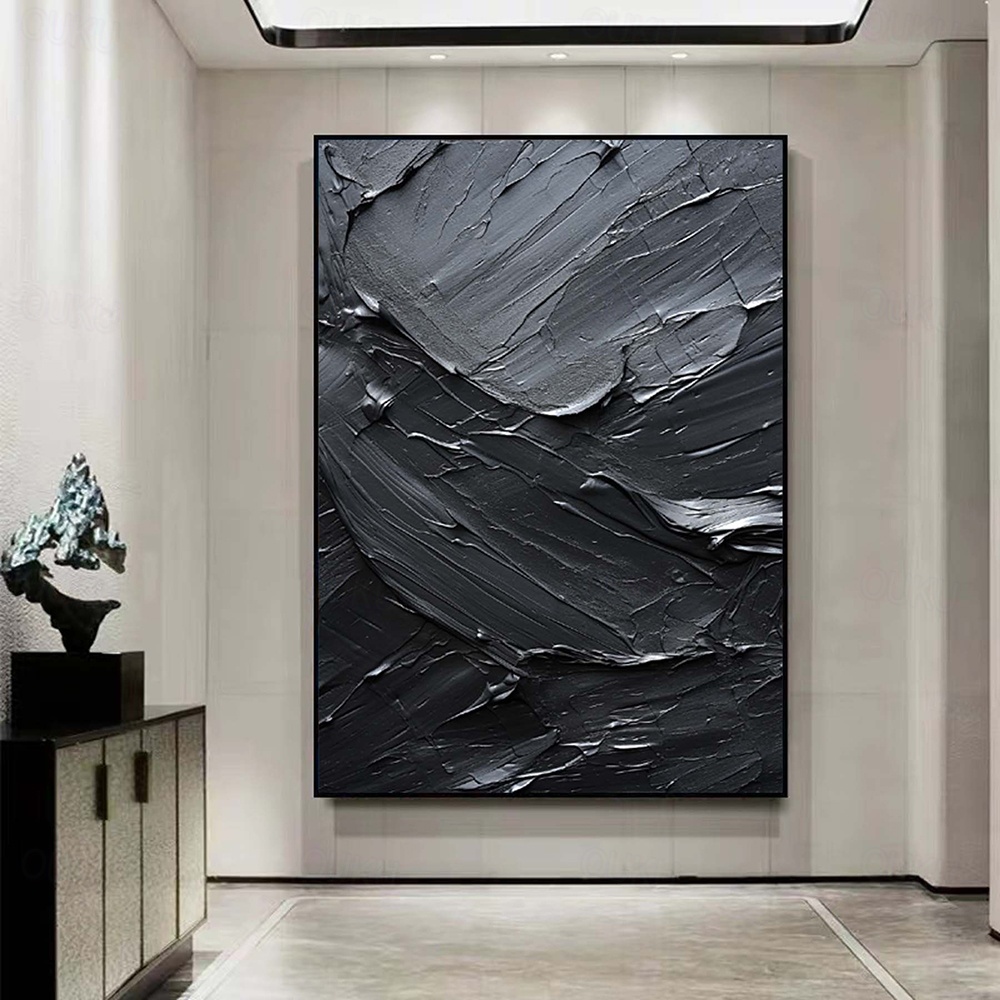 Obsidian Waves – Textured Black Abstract Oil Painting