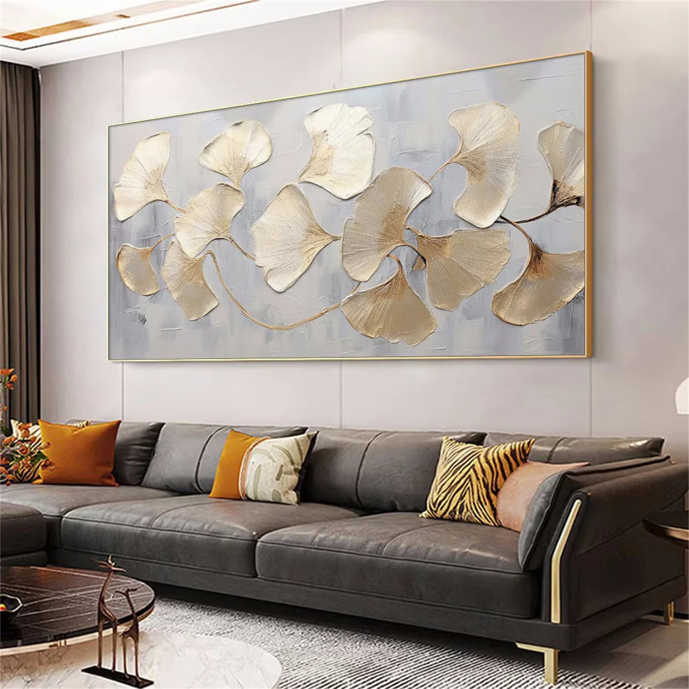 Golden Ginkgo Harmony – Large Ginkgo Leaf Oil Painting Luxury Botanical Wall Art