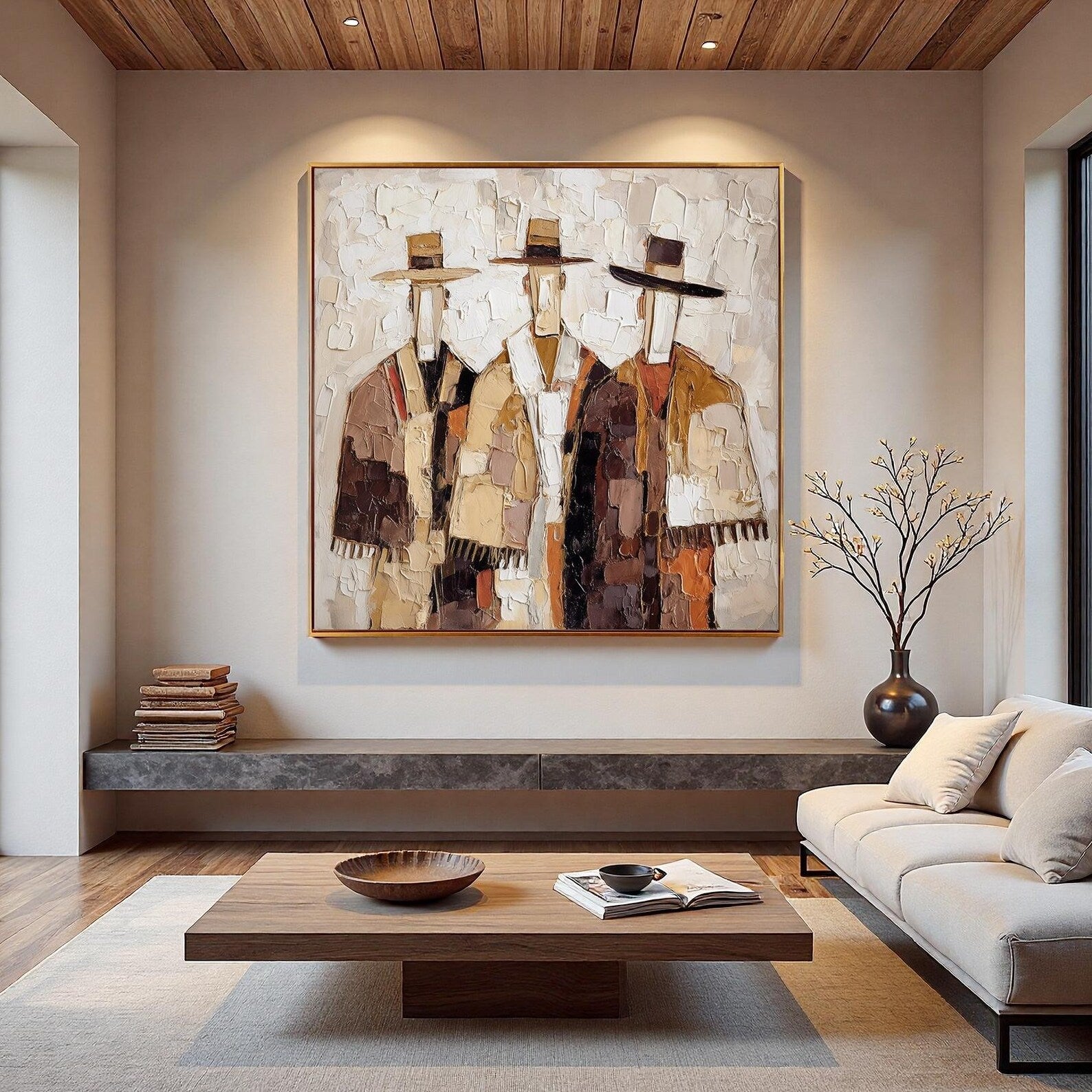 Abstract Western Figure Wall Art – Hand-Painted Textured Contemporary Canvas for Modern Interiors