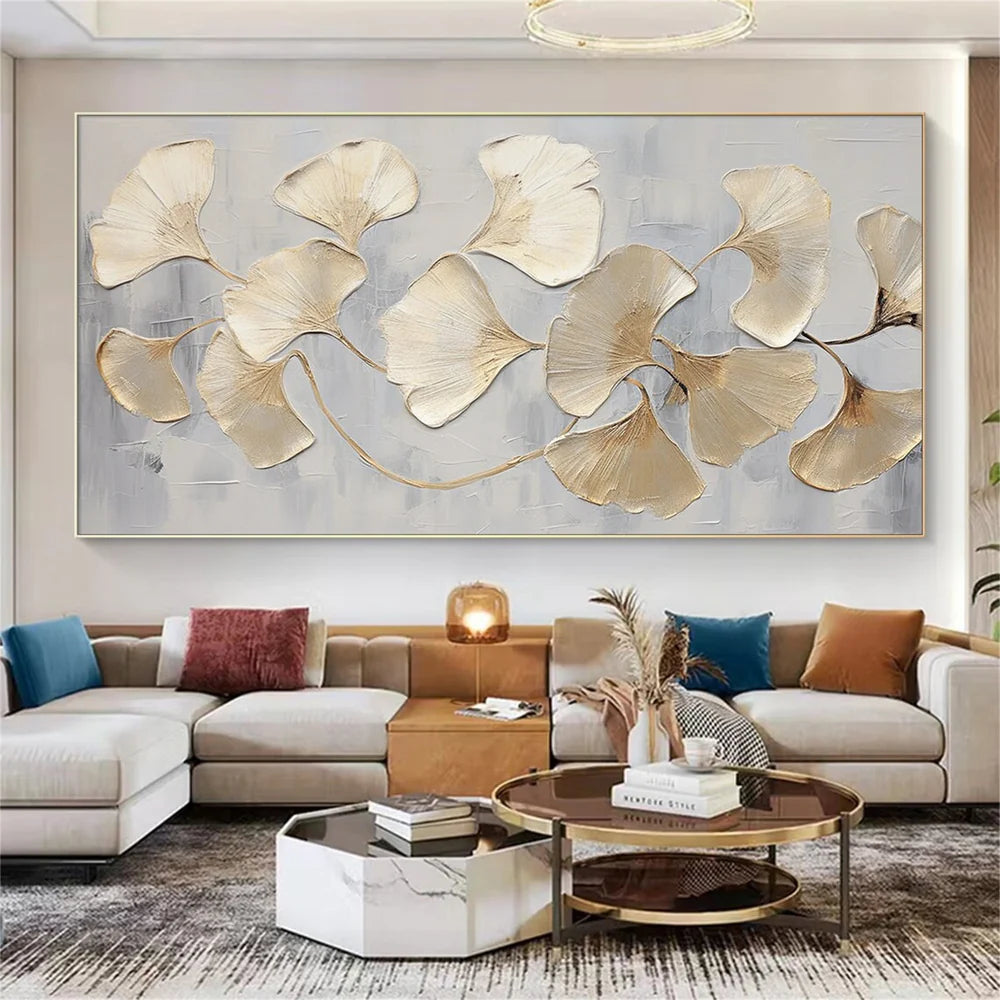 Golden Ginkgo Harmony – Large Ginkgo Leaf Oil Painting Luxury Botanical Wall Art