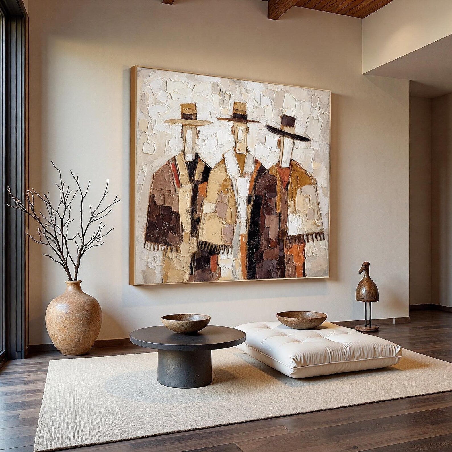 Abstract Western Figure Wall Art – Hand-Painted Textured Contemporary Canvas for Modern Interiors