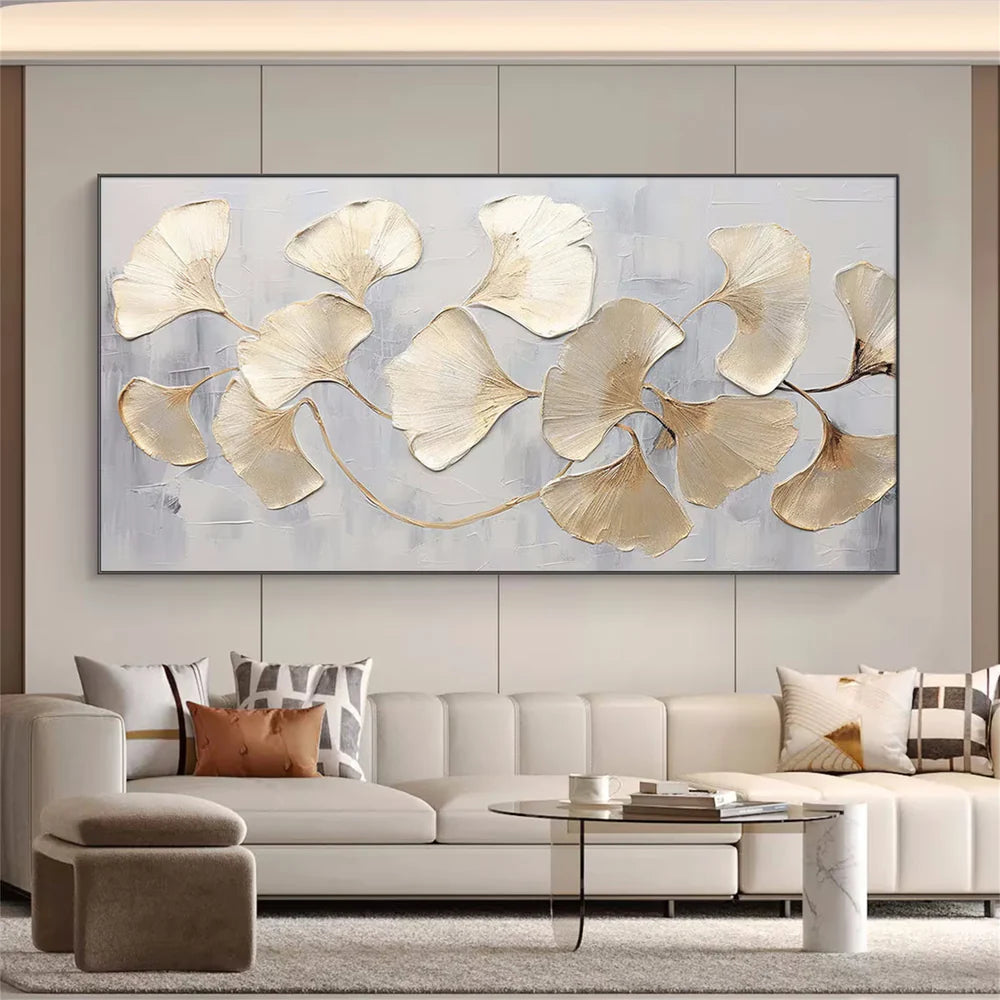 Golden Ginkgo Harmony – Large Ginkgo Leaf Oil Painting Luxury Botanical Wall Art