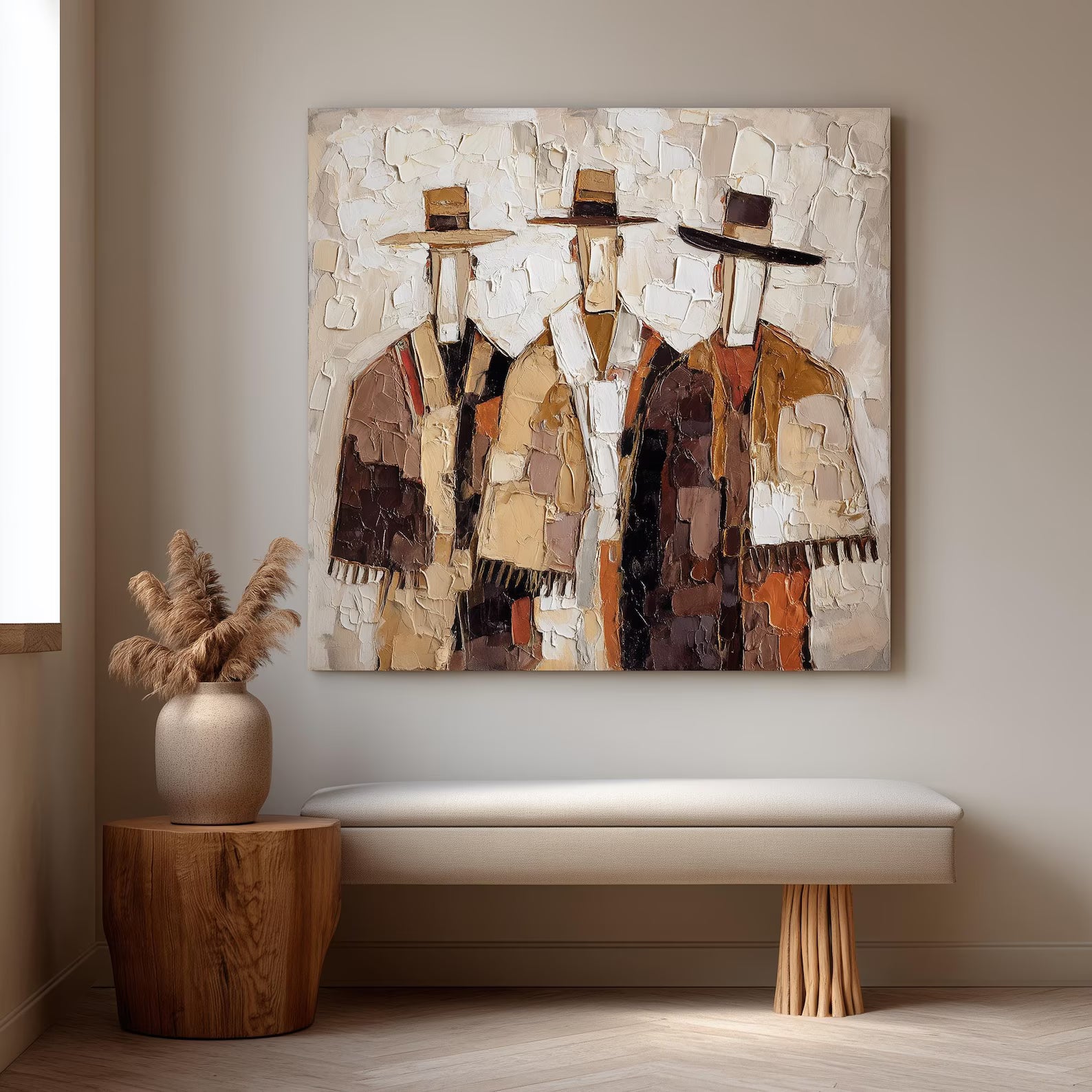 Abstract Western Figure Wall Art – Hand-Painted Textured Contemporary Canvas for Modern Interiors