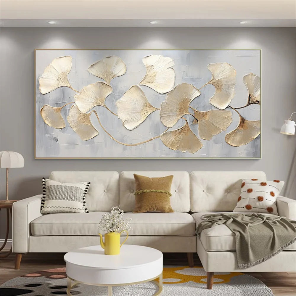 Golden Ginkgo Harmony – Large Ginkgo Leaf Oil Painting Luxury Botanical Wall Art