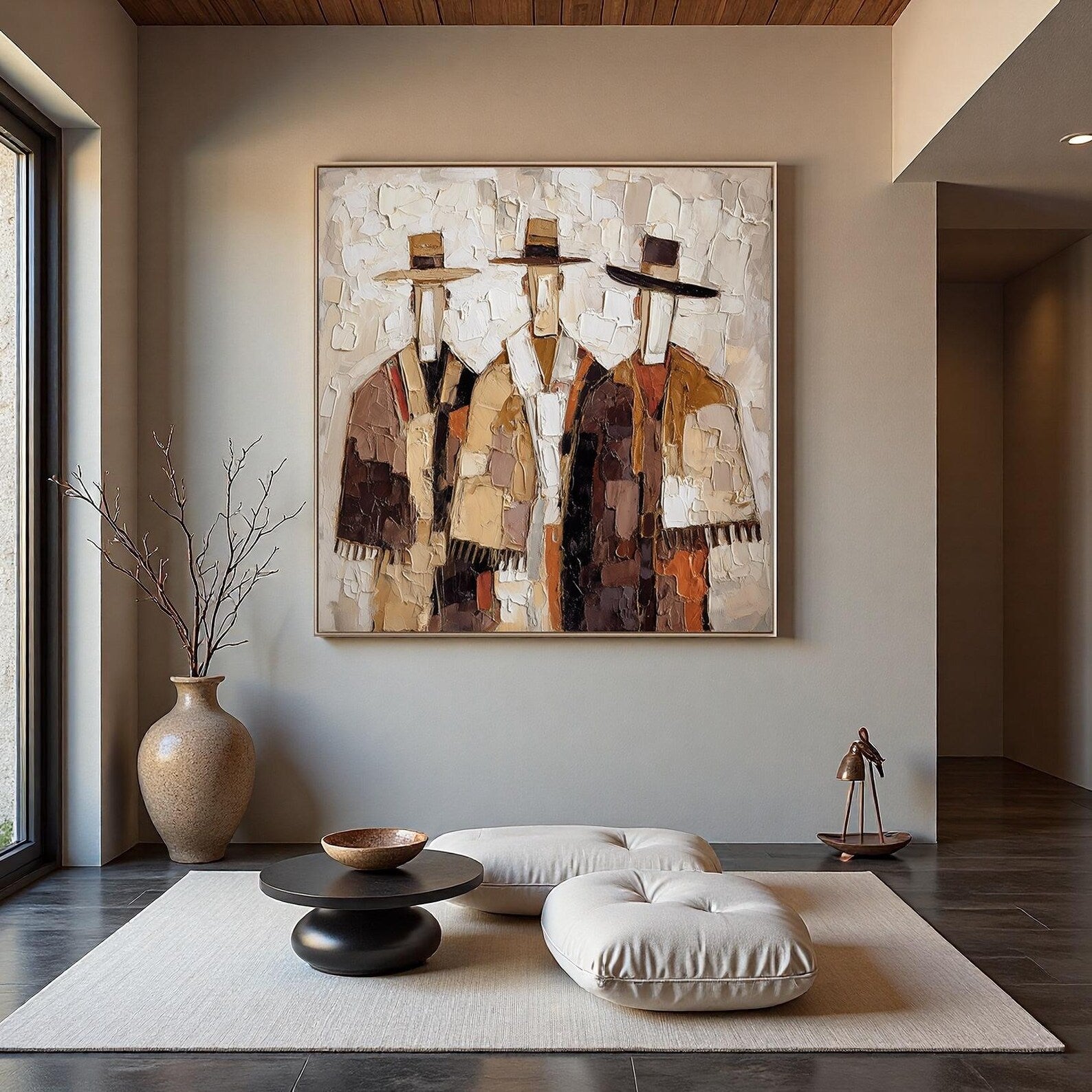 Abstract Western Figure Wall Art – Hand-Painted Textured Contemporary Canvas for Modern Interiors