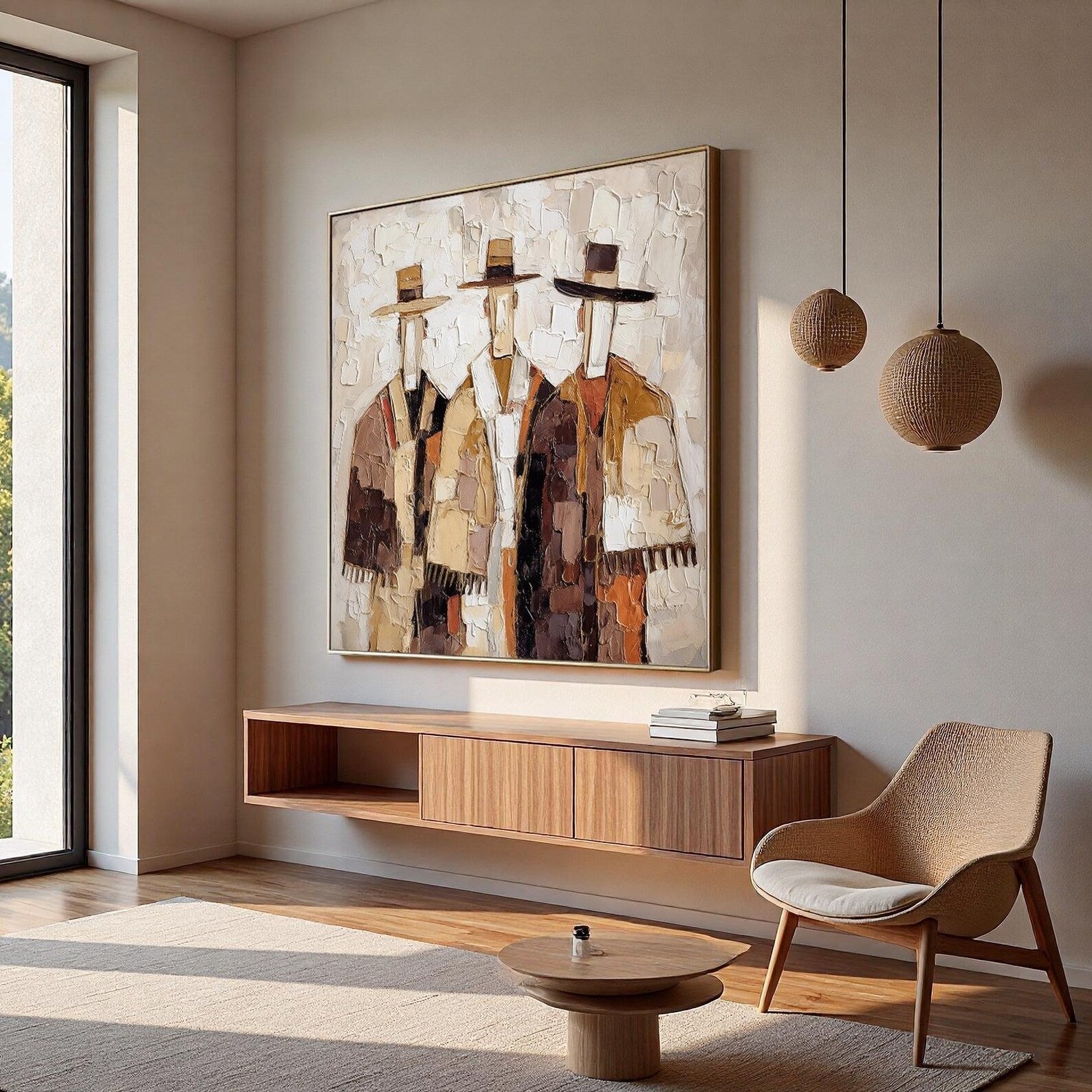 Abstract Western Figure Wall Art – Hand-Painted Textured Contemporary Canvas for Modern Interiors