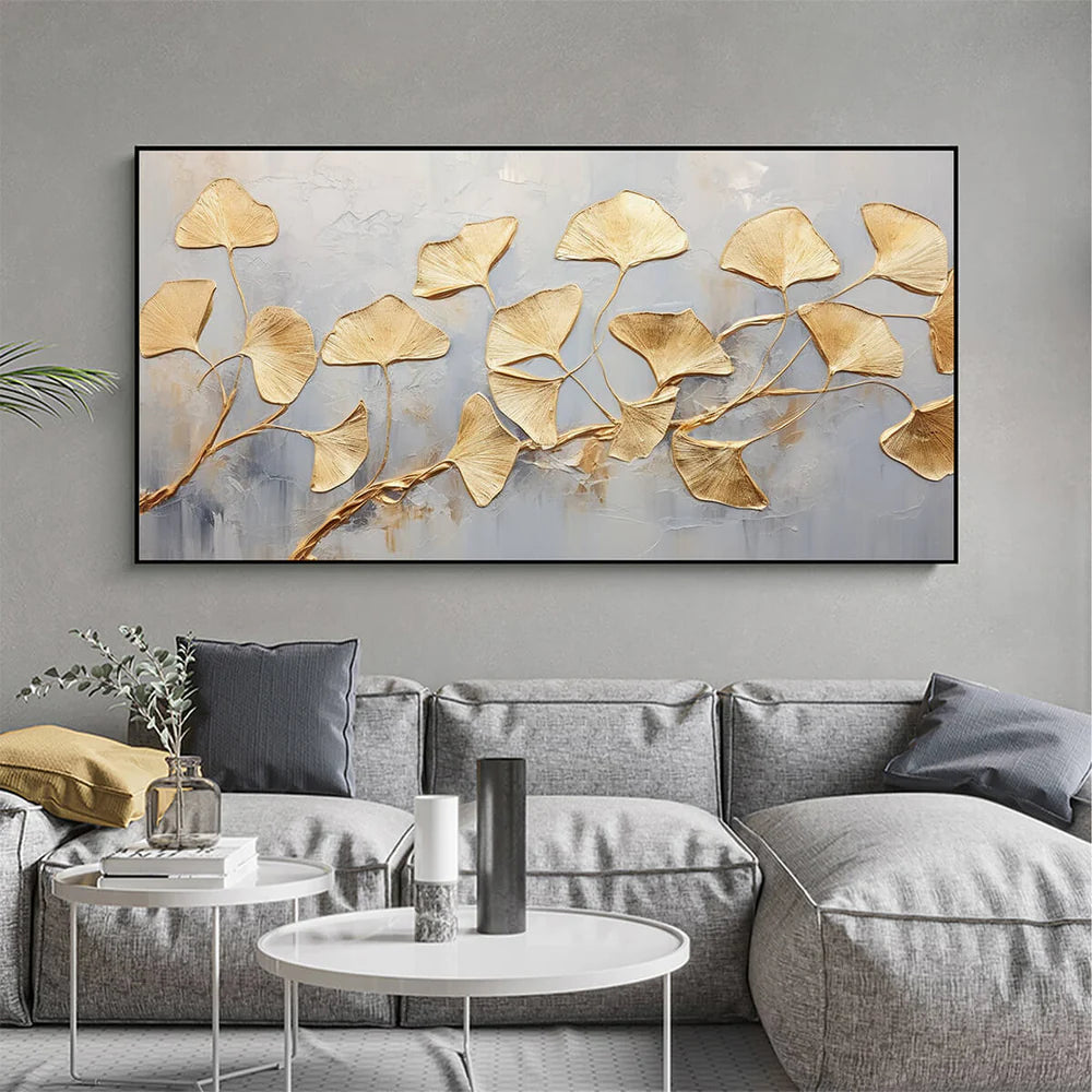 Golden Ginkgo Flow – Modern Ginkgo Leaf Oil Painting Luxury Botanical Canvas Art