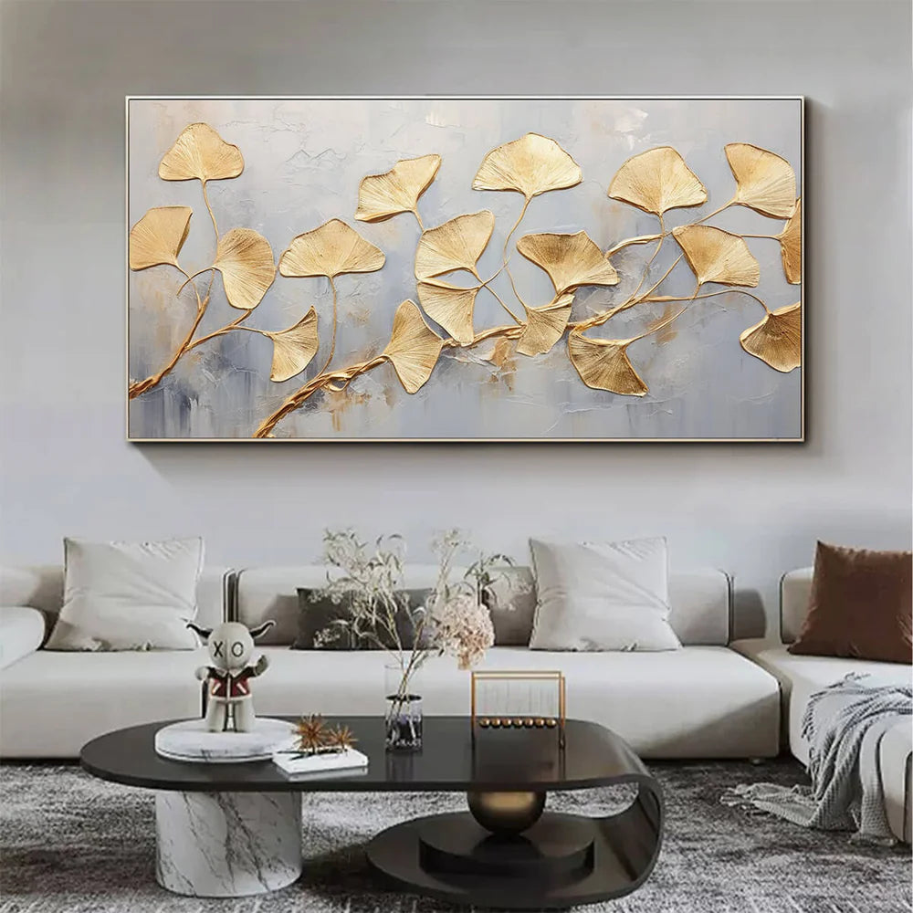 Golden Ginkgo Flow – Modern Ginkgo Leaf Oil Painting Luxury Botanical Canvas Art