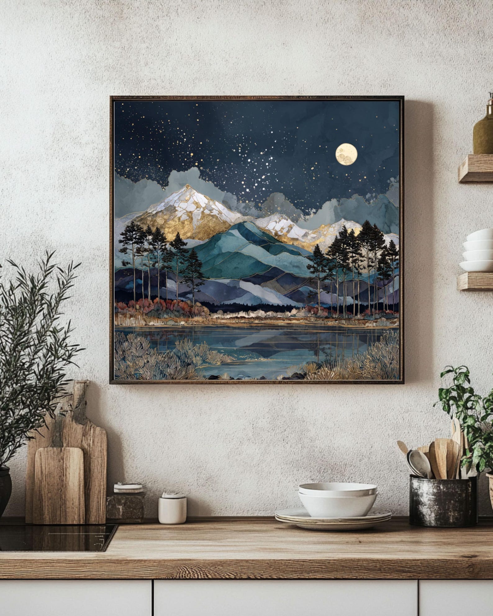 Moonlit Mountain Peaks – Hand-Painted Textured Landscape Canvas Wall Art