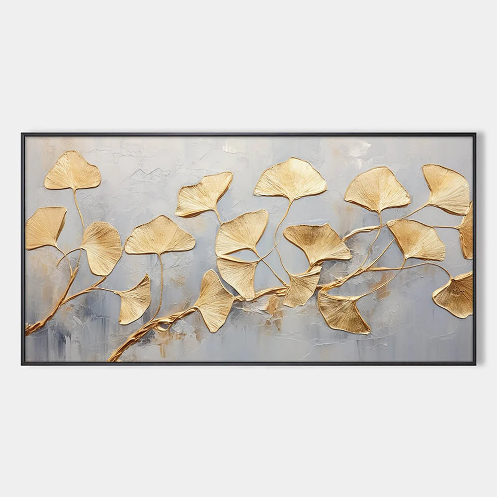 Golden Ginkgo Flow – Modern Ginkgo Leaf Oil Painting Luxury Botanical Canvas Art