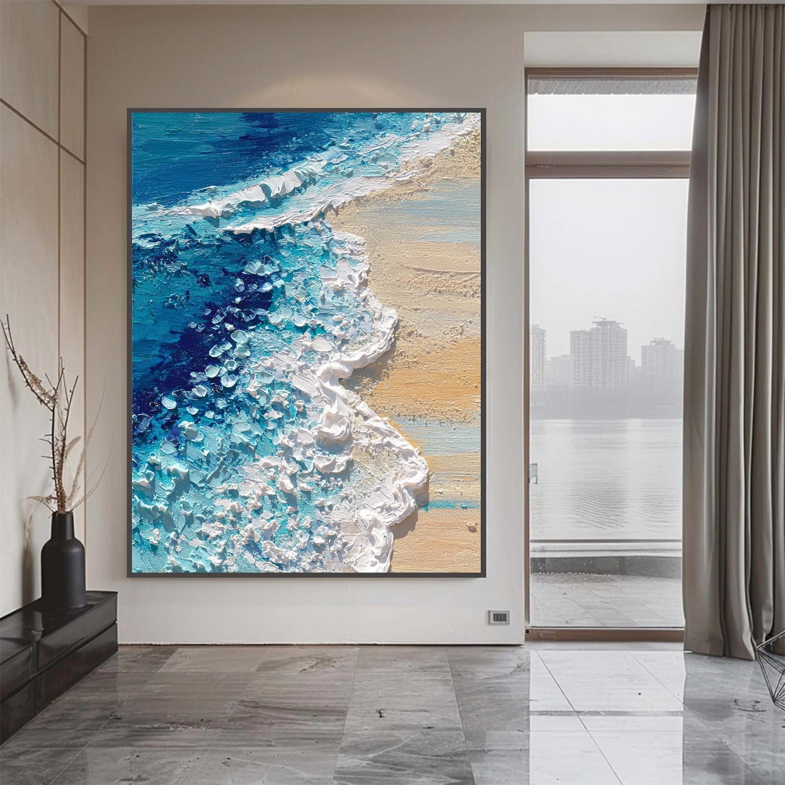 Where Waves Meet Stillness – Abstract Coastal Canvas Wall Art, Ocean Shore Painting for Modern Living Room Decor