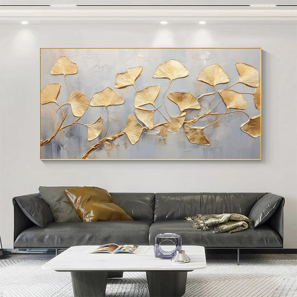 Golden Ginkgo Flow – Modern Ginkgo Leaf Oil Painting Luxury Botanical Canvas Art