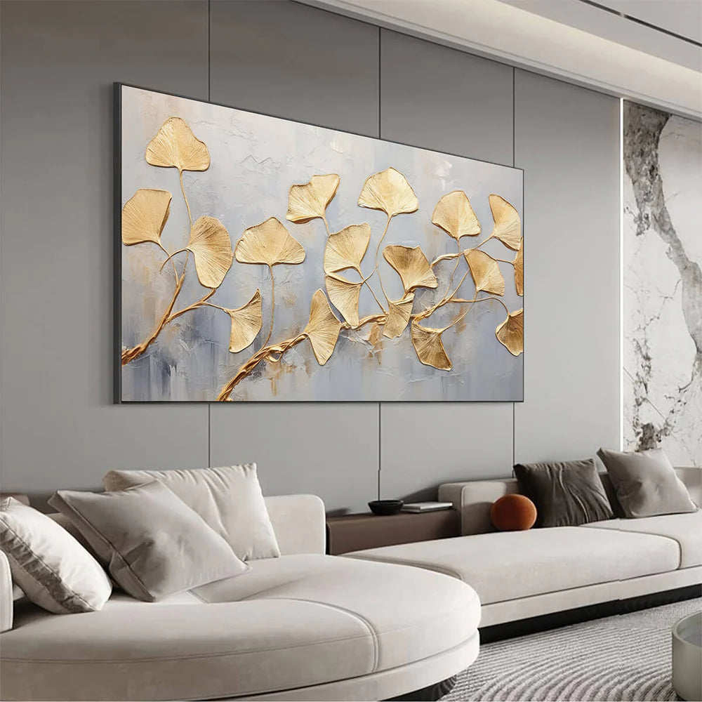 Golden Ginkgo Flow – Modern Ginkgo Leaf Oil Painting Luxury Botanical Canvas Art