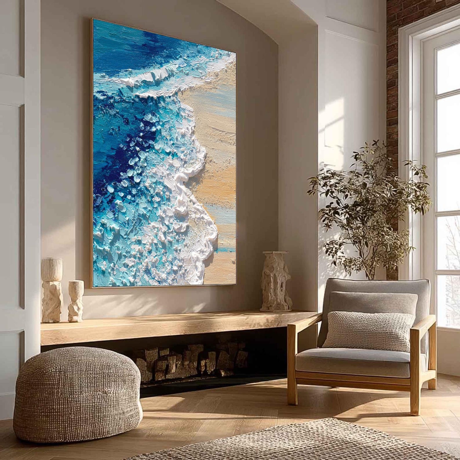 Where Waves Meet Stillness – Abstract Coastal Canvas Wall Art, Ocean Shore Painting for Modern Living Room Decor