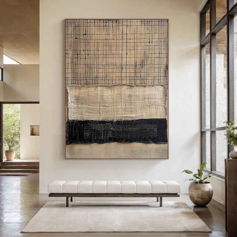 Woven Harmony - Textured Beige and Black Abstract Canvas Art