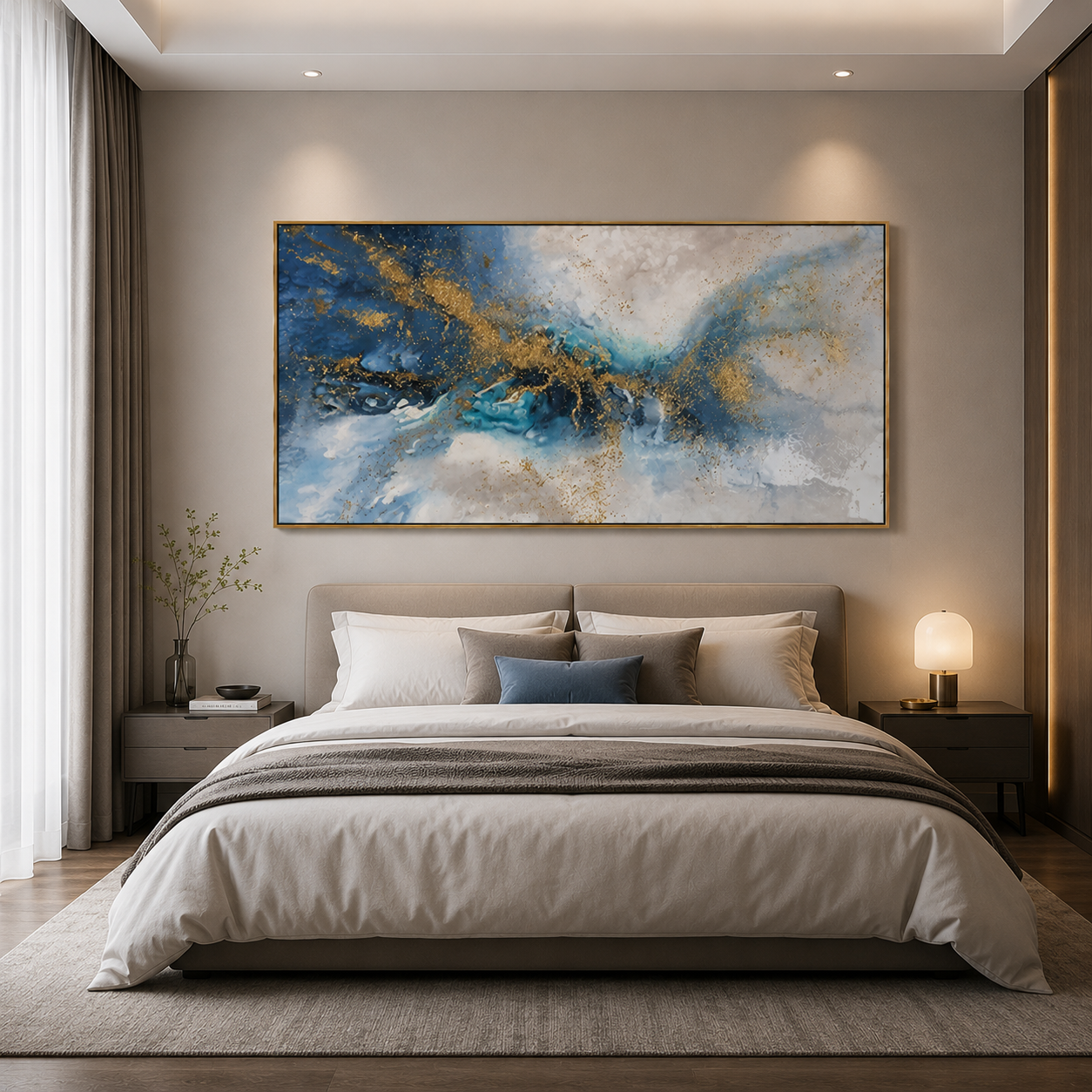 Celestial Tides – Luxury Blue & Gold Abstract Canvas Wall Art, Modern Coastal Painting for Living Room Decor