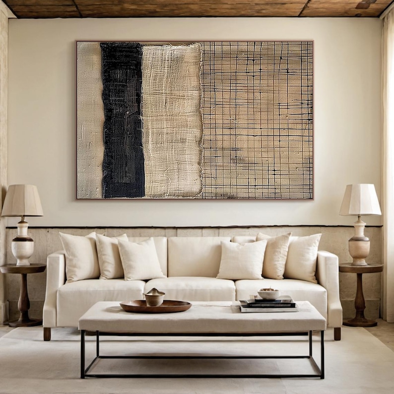 Woven Harmony - Textured Beige and Black Abstract Canvas Art