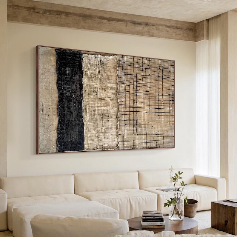 Woven Harmony - Textured Beige and Black Abstract Canvas Art