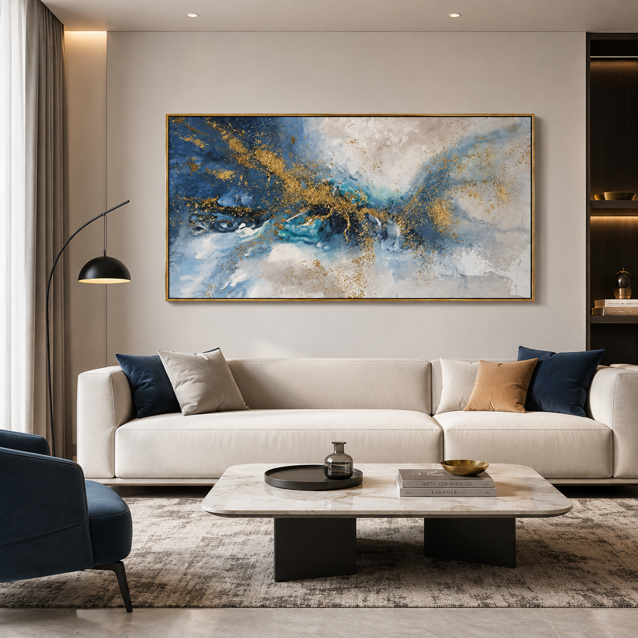 Celestial Tides – Luxury Blue & Gold Abstract Canvas Wall Art, Modern Coastal Painting for Living Room Decor