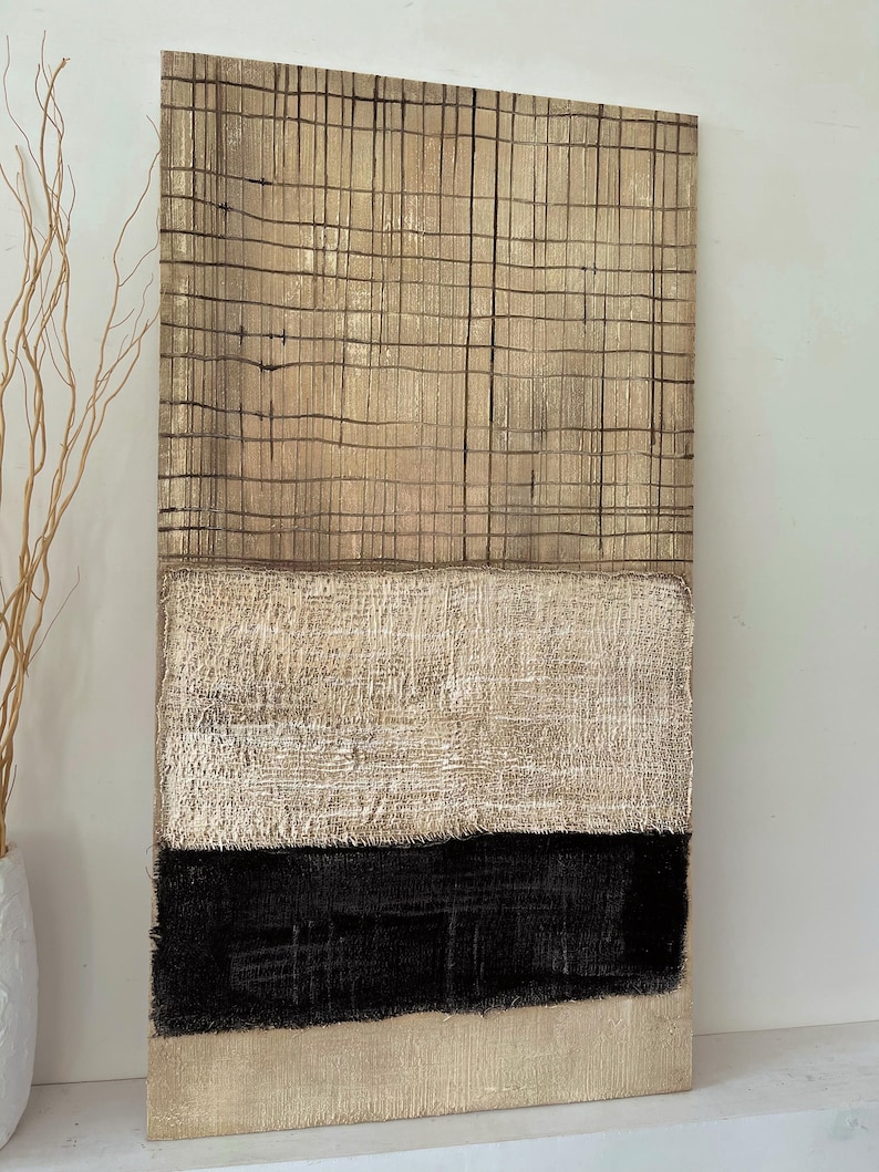 Woven Harmony - Textured Beige and Black Abstract Canvas Art