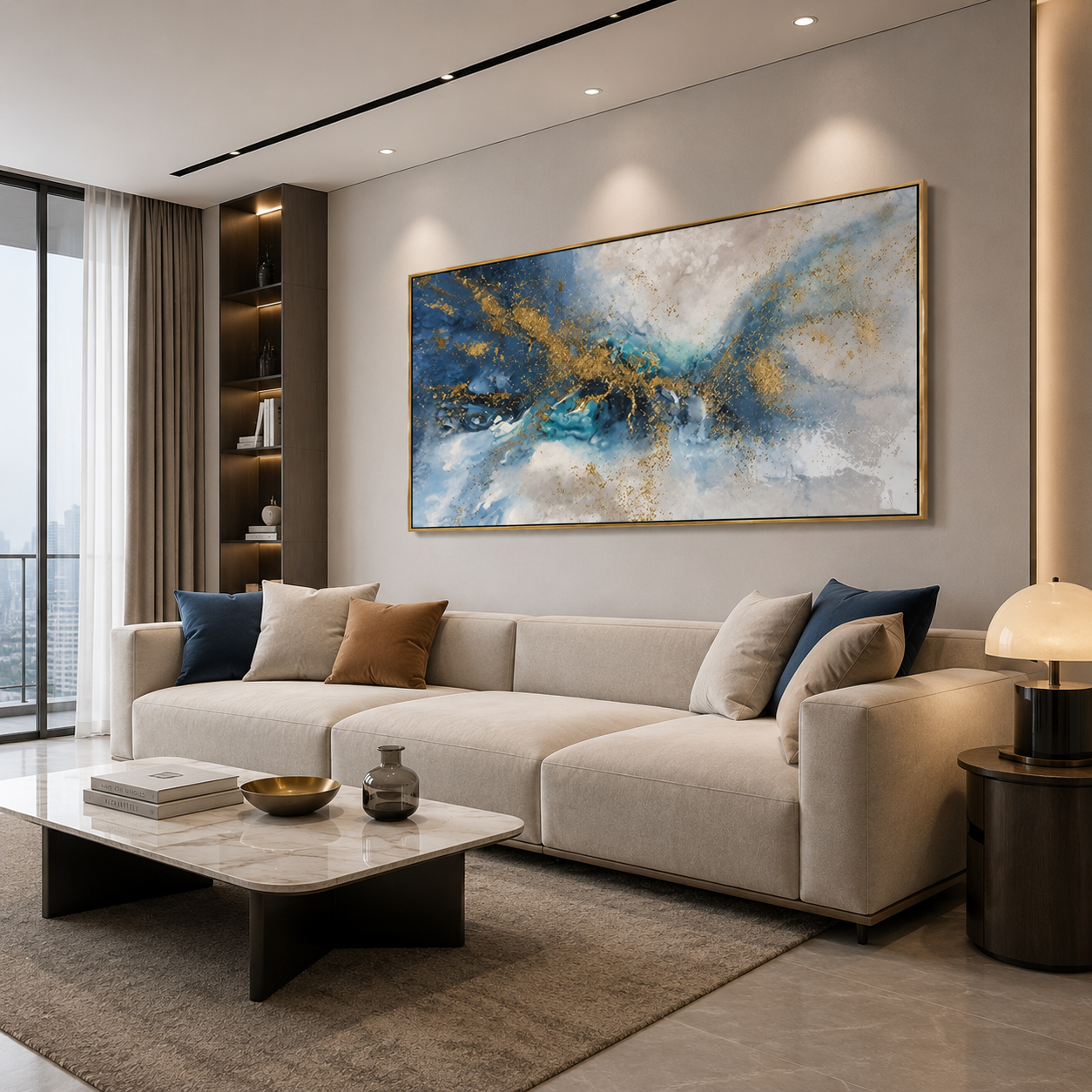 Celestial Tides – Luxury Blue & Gold Abstract Canvas Wall Art, Modern Coastal Painting for Living Room Decor