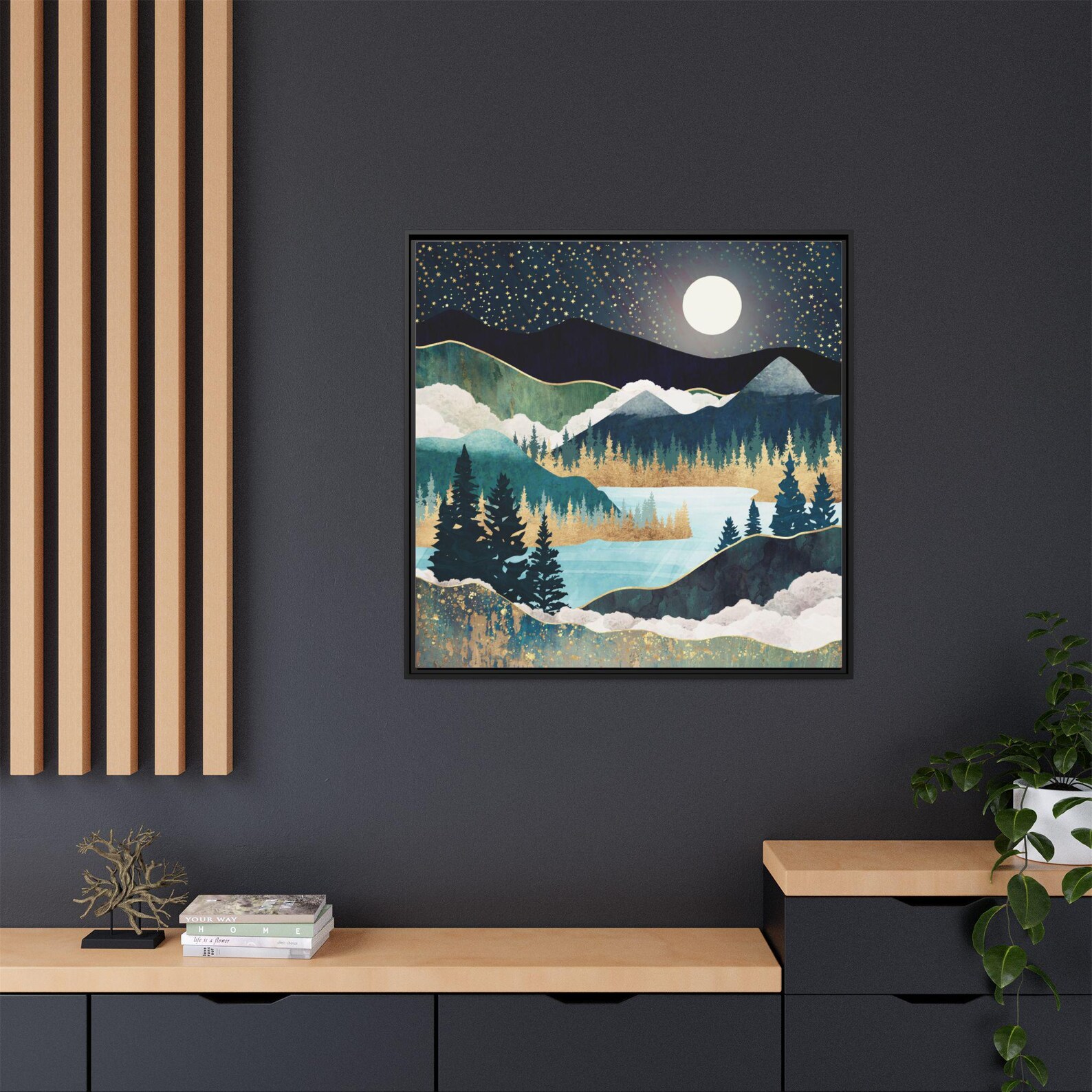 Starlit Mountain Lake – Hand-Painted Textured Landscape Canvas Wall Art