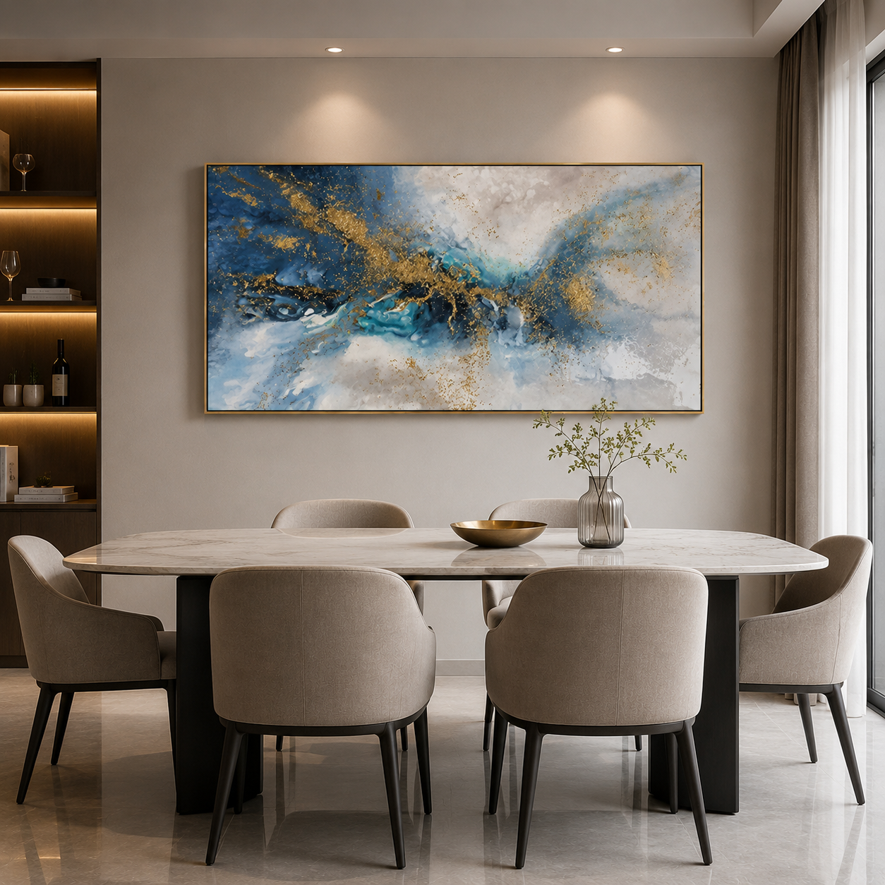 Celestial Tides – Luxury Blue & Gold Abstract Canvas Wall Art, Modern Coastal Painting for Living Room Decor