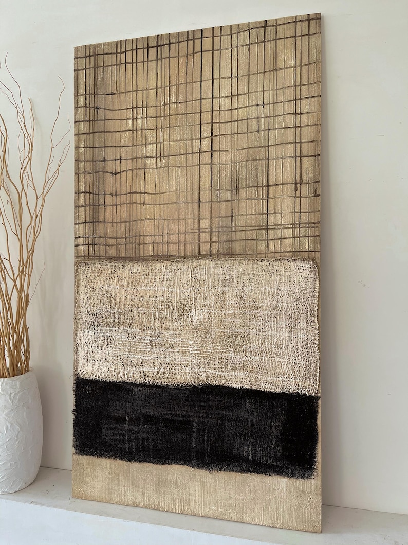 Woven Harmony - Textured Beige and Black Abstract Canvas Art