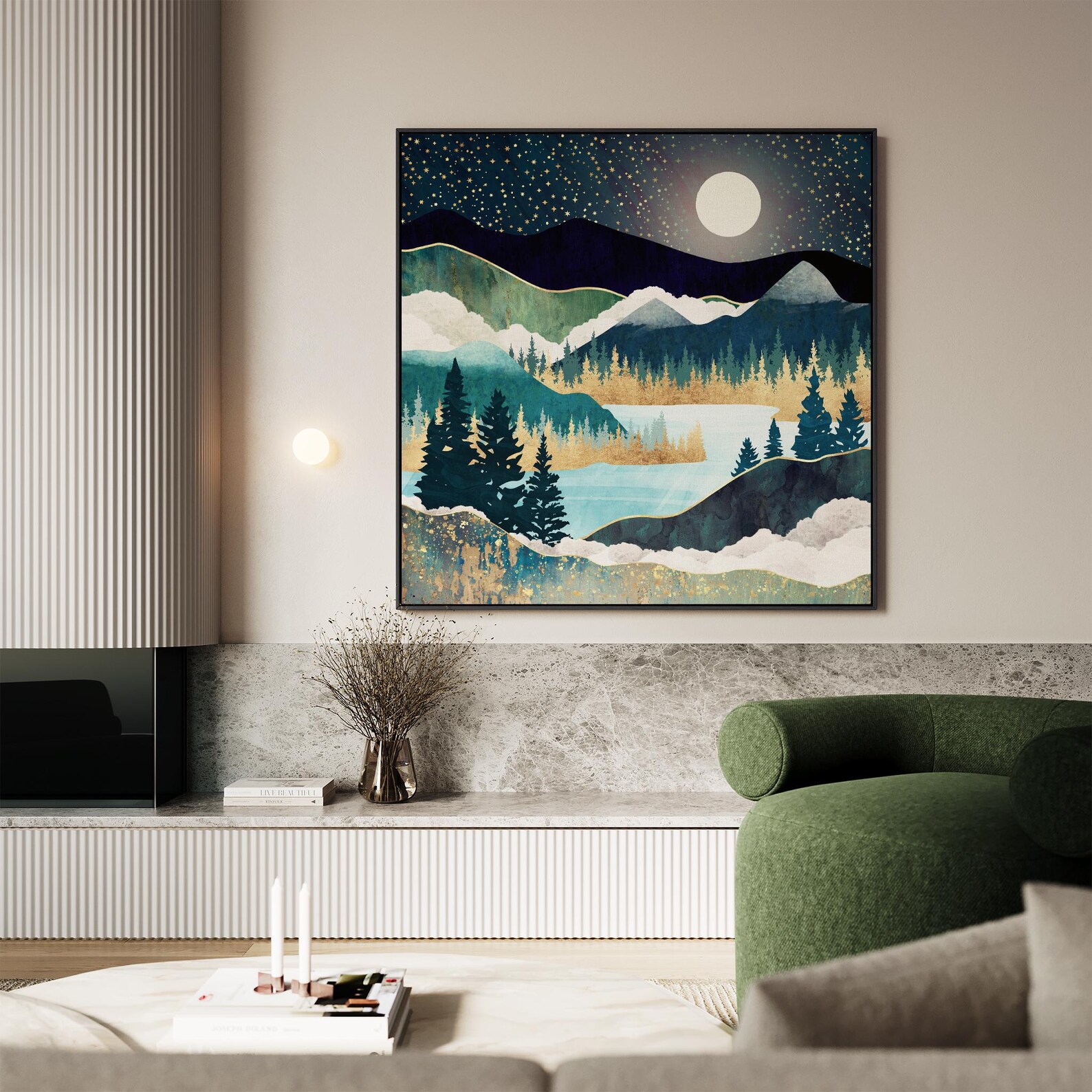 Starlit Mountain Lake – Hand-Painted Textured Landscape Canvas Wall Art