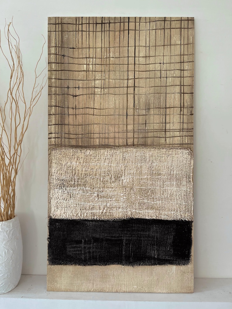 Woven Harmony - Textured Beige and Black Abstract Canvas Art